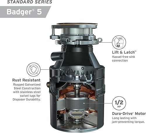 Miniatura 6 de InSinkErator Triturador de basura, Badger 5XP, Power Series, Alimentación continua 34 HP, Negro & Triturador de basura, Badger 5, Serie Estándar, 12