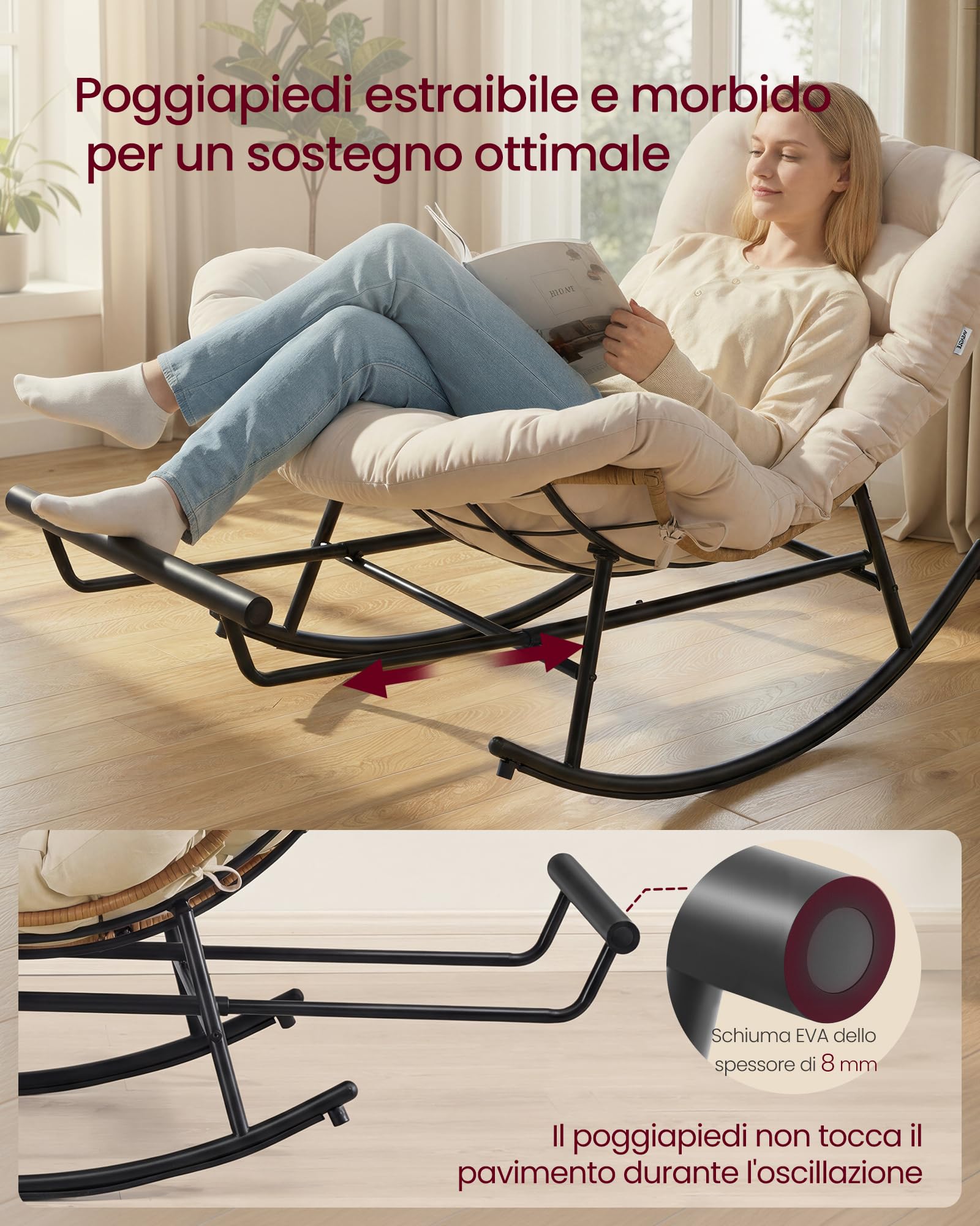 VASAGLE Sedia a Dondolo, Poltrona a Dondolo, Struttura in Acciaio, Poggiapiedi Estraibile, Cuscino Rimovibile, Portata 136 kg, Camera da Letto Soggiorno Terrazza Giardino, Beige LYY062WZ01