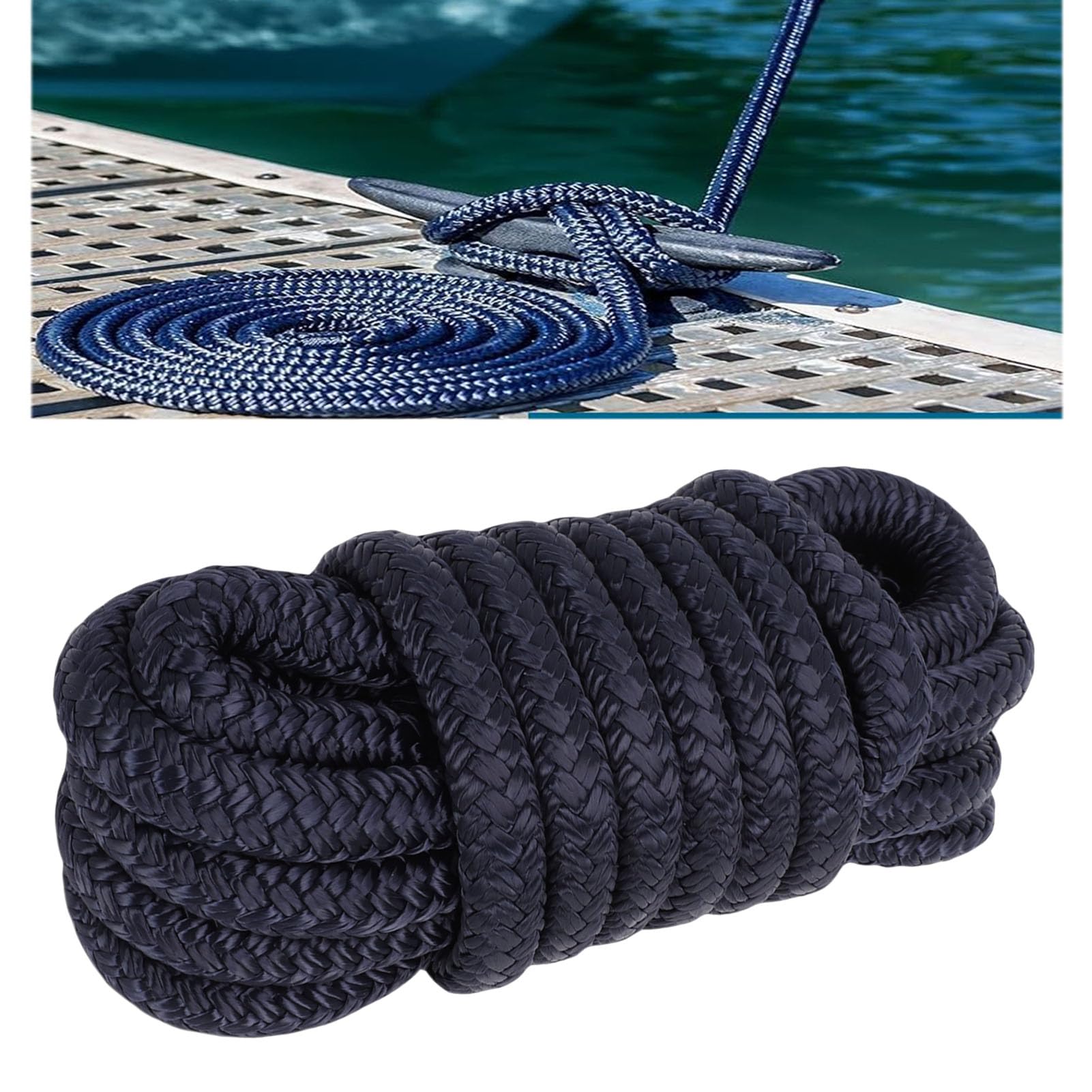 Cime di Ormeggio Marine, 1/2 Pollice, Nylon a Doppia Treccia, Corda di Attracco da 15 Piedi per la e l'Ormeggio (blu navy)