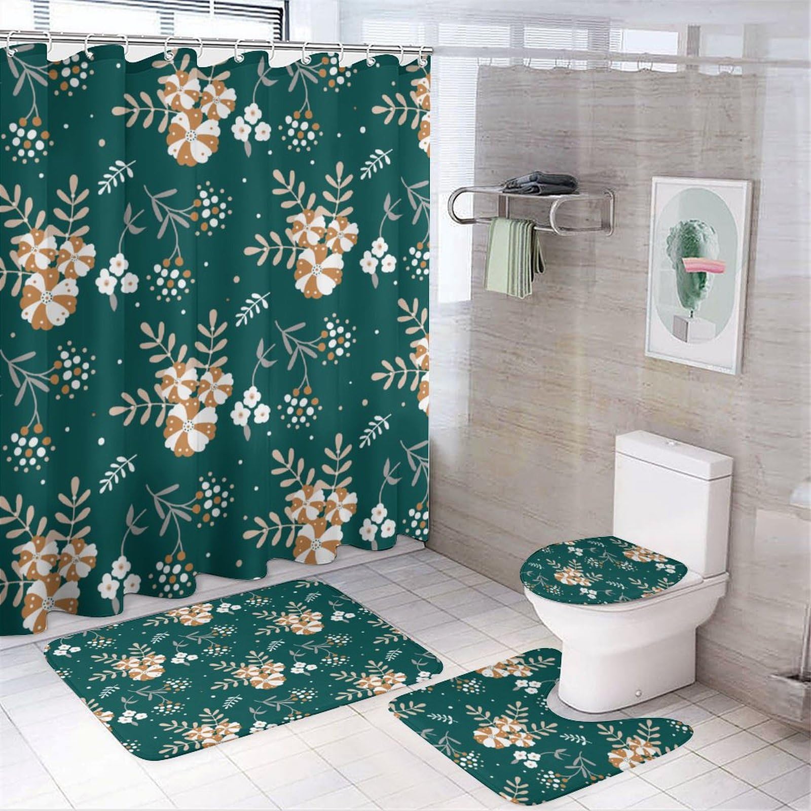Flores, Navidad, Green Baño de Cuatro Piezas Tappeto De Baño Absorbente Y Antideslizante, con Material De Diatomita, Ideal para Baños Modernos 183×183cm
