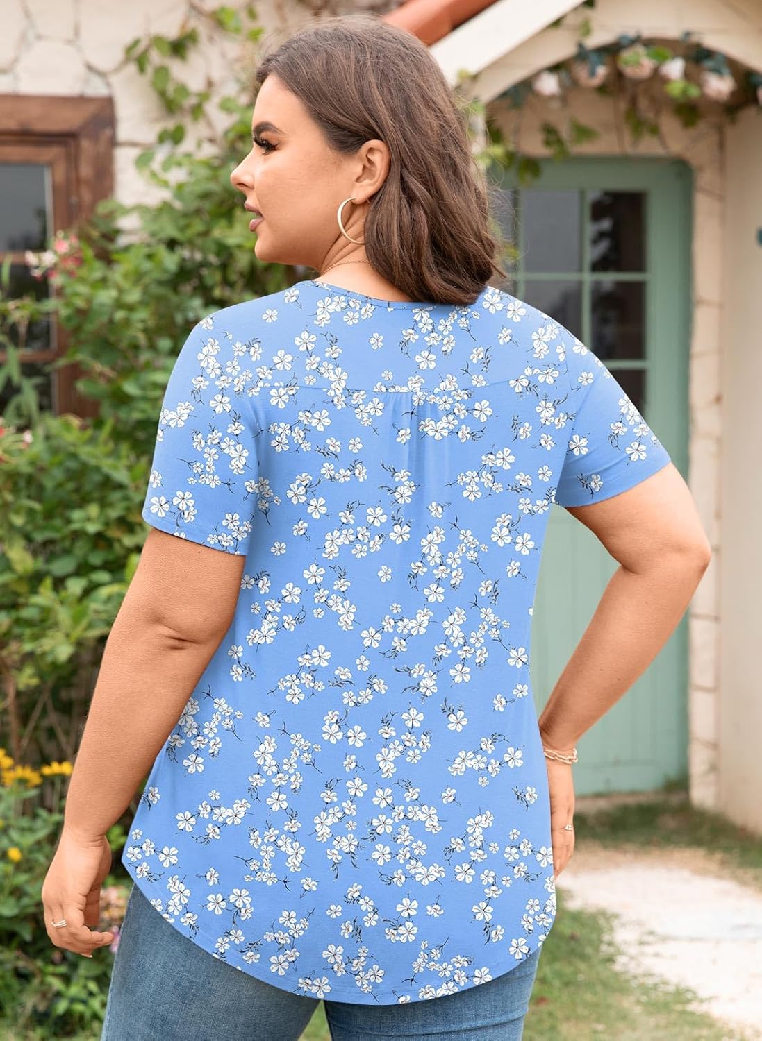 Aodemo Women's Summer Plus Size Tops Short Sleeve Shirts Henley Fit Tunic Ladies Flowy Blouse - Image 3