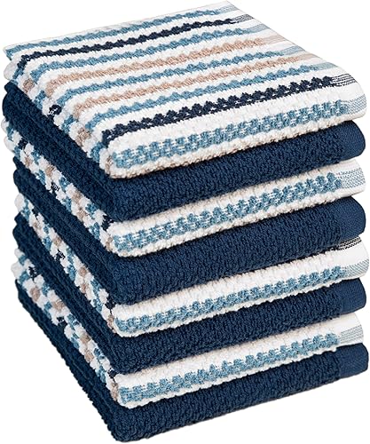 Bumble Premium Dish Cloths Towel 12"x12" | 100% Natural Ring Spun Cotton Tea Towel Set | 430 GSM | Highly Absorbent & Soft Dish Towels | 8 Pack - 4 Popcorn Wide Striped & 4 Solid Kitchen Towels - Blue