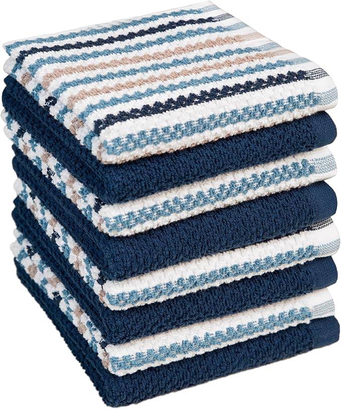 Premium Kitchen Towels (16”x 26”, 6 Pack) | Large Cotton Kitchen Hand Towels | Popcorn Striped Design | Dish Towels | 430 GSM Highly Absorbent Tea Towels Set with Hanging Loop | Blue