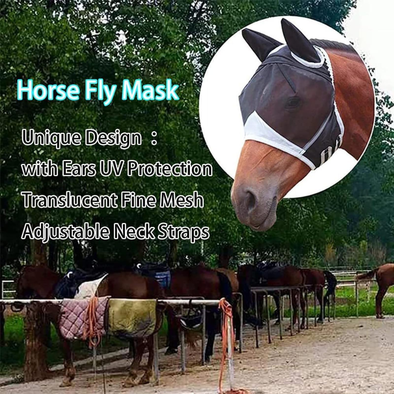 Masque anti-mouches cheval protection nasale UV, couvre-nez maille respirante poney cob shetland, fermeture velcro réglable