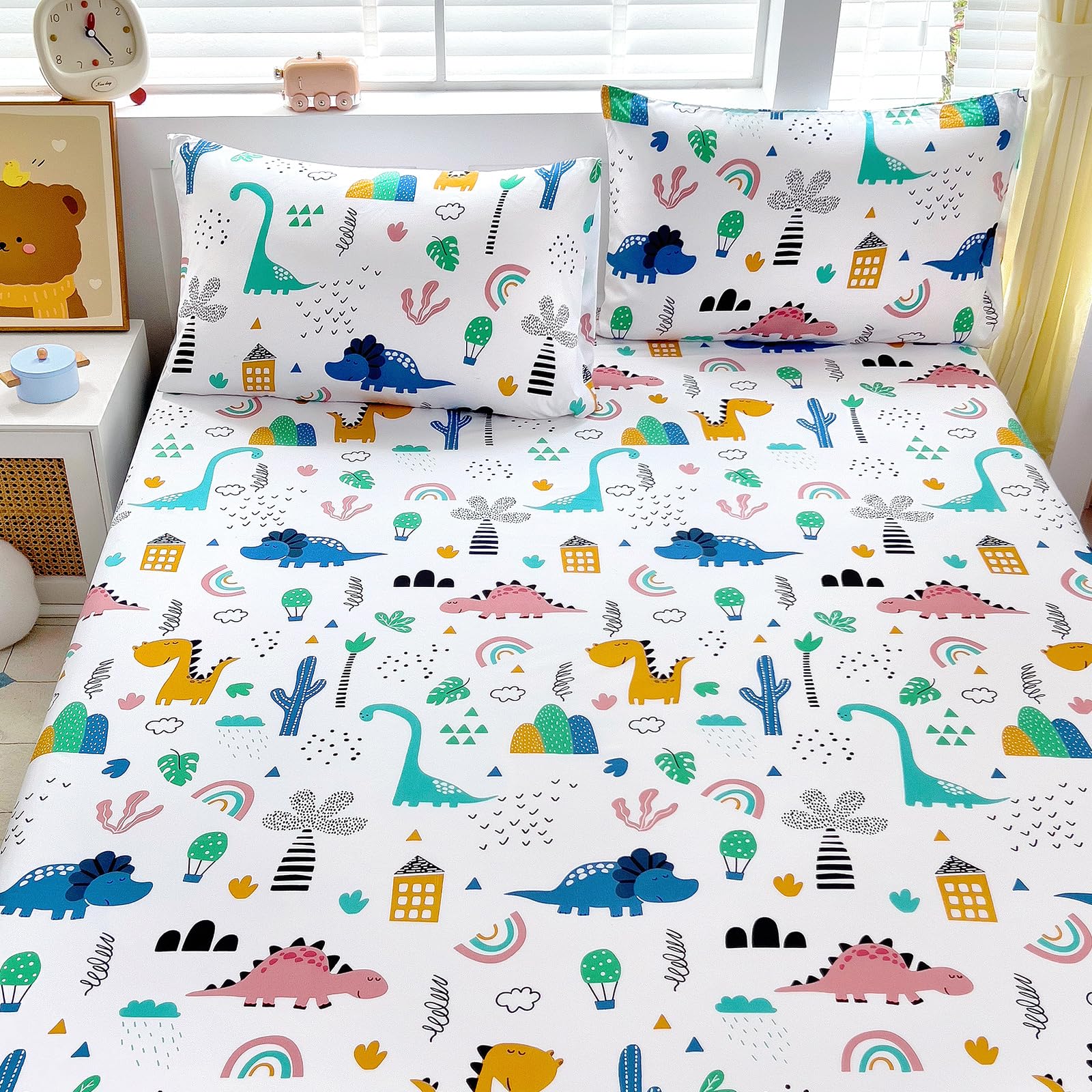 Queen Sheet Set Kids - Dinosaur 4 Pieces Soft Microfiber Cartoon Style Bedsheets for Boys Girls Teens, Oeko TEX Breathable 15 Inch Deep Pocket Sheets(Jurassic Period)