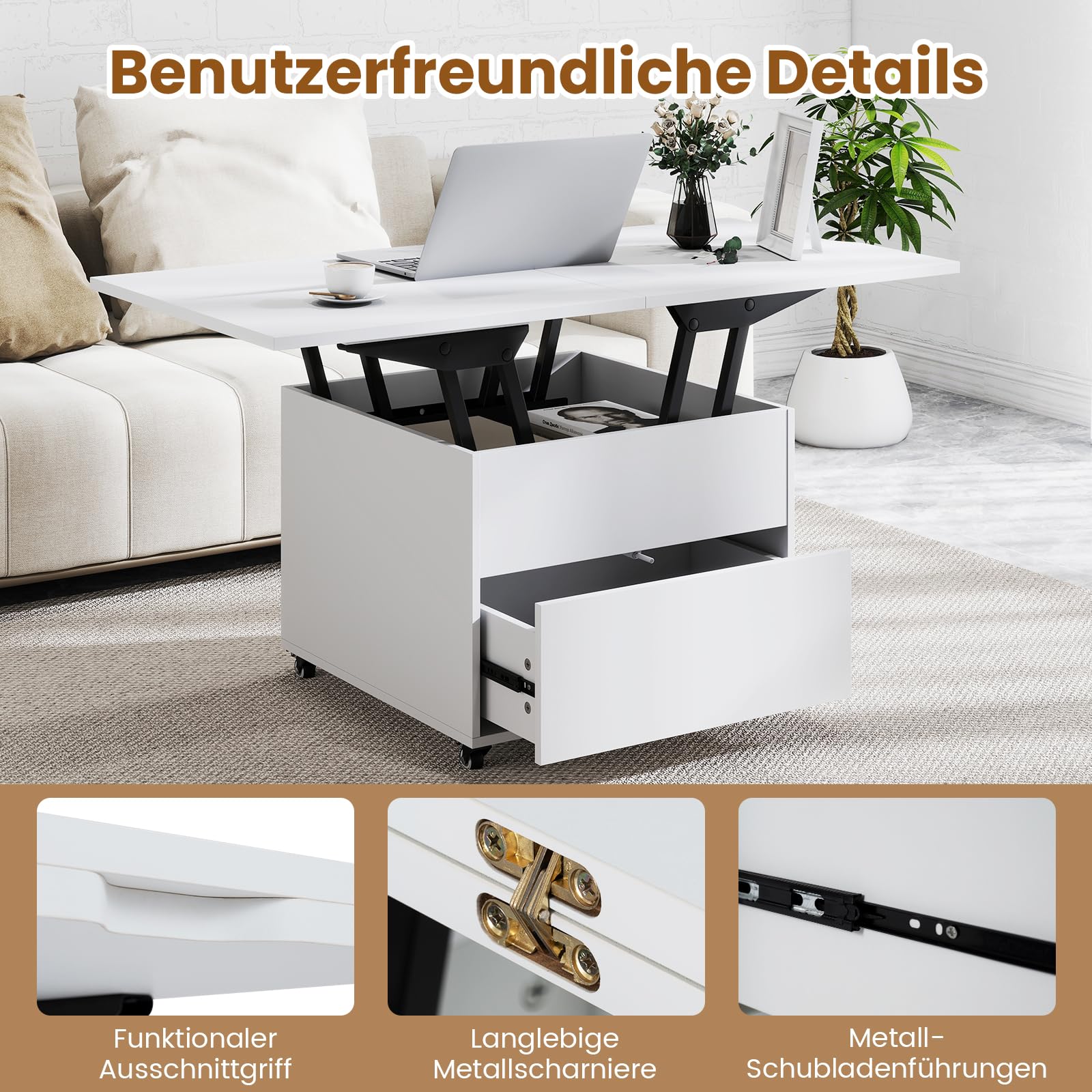 COSTWAY Couchtisch Höhenverstellbar, Wohnzimmertisch mit Schublade, Rollen & verstecktem Stauraum, 3-in-1 Kaffeetisch umwandelbar in Beistelltisch & Esstisch, Sofatisch 120 x 60 x 66 cm (Weiß)