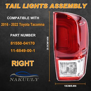 Tail Light Rear Lamp Compatible With 2016-2023 Toyota Tacoma Right Passenger Side Taillight Brake Signal Assembly with Bulb # 81550-04170