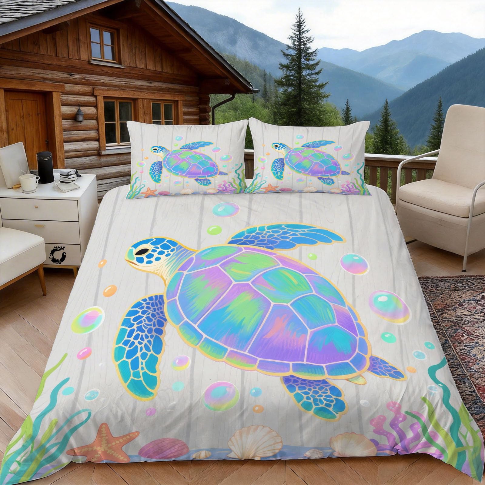 Housse de couette 240x260 tortue de mer pour lit 2 personnes avec taies 65x65