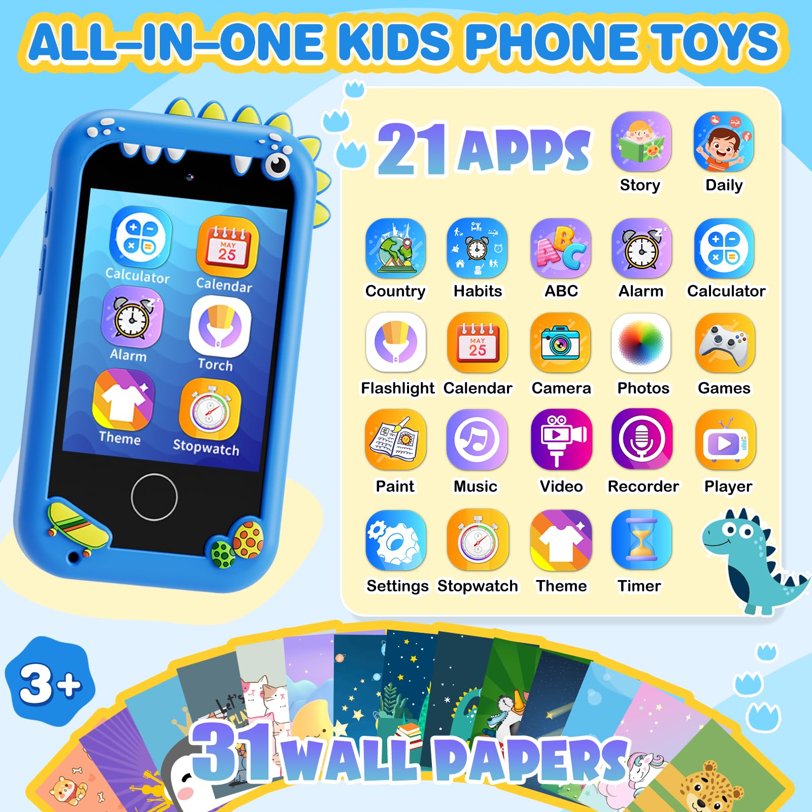 Juguetes de teléfono inteligente para niños, juguetes de regalo de dinosaurios para niños de 3 a 10 años, regalos de cumpleaños, juguetes de aprendizaje con pantalla táctil de 2.8 pulgadas, música 2