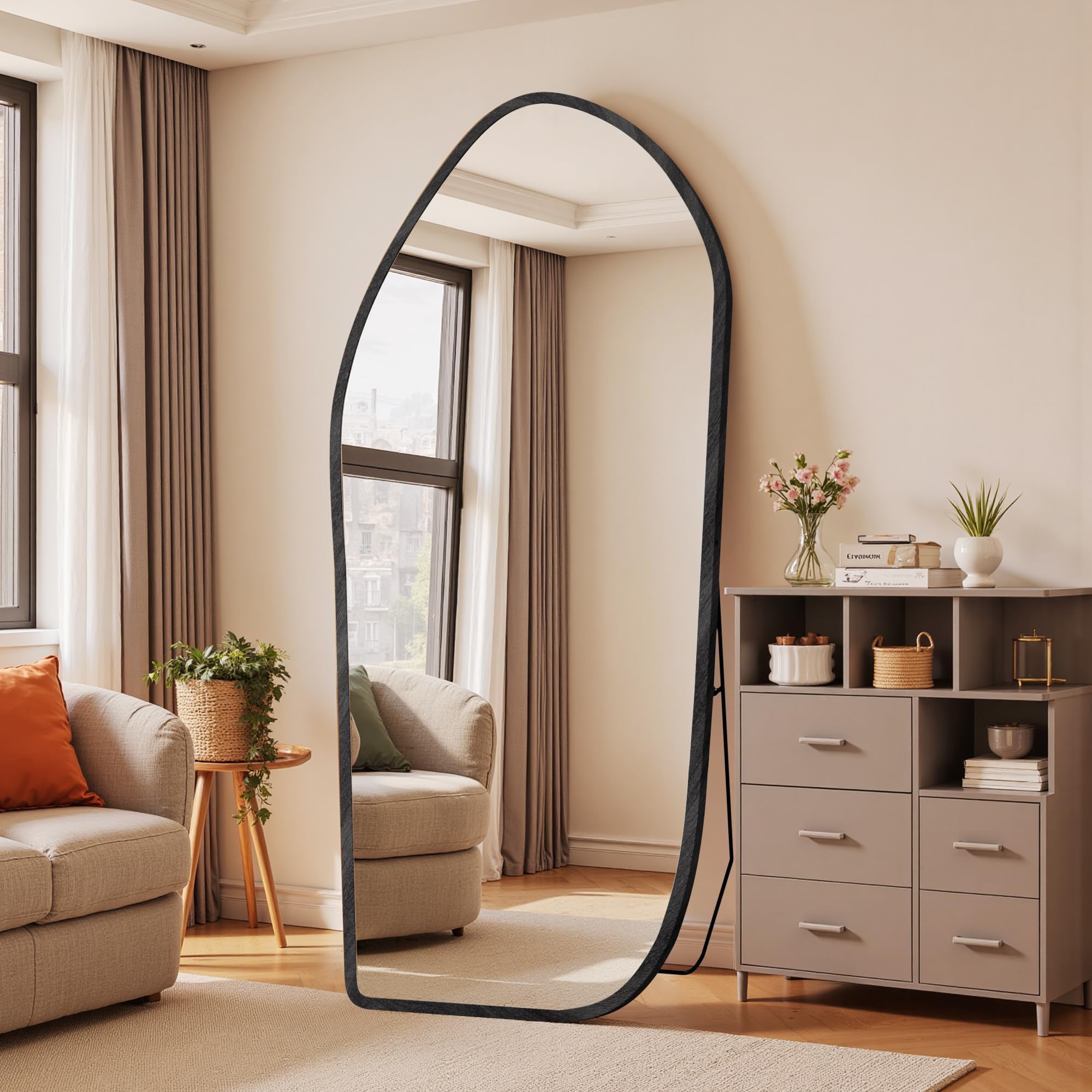 Photo 1 of Antok Full Length Mirror, Oversized Floor Mirror with Solid Wood Frame, Large Standing Mirror Floor Length Mirrors for Bedroom Living Room, Wood Art Style, Dark Walnut, 86" L x 40" W