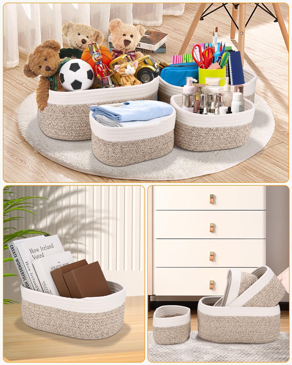Set di 4 Birshe Cestini Portaoggetti per Bambini, Multiuso in Cotone e Corda di Cotone, Impilabili