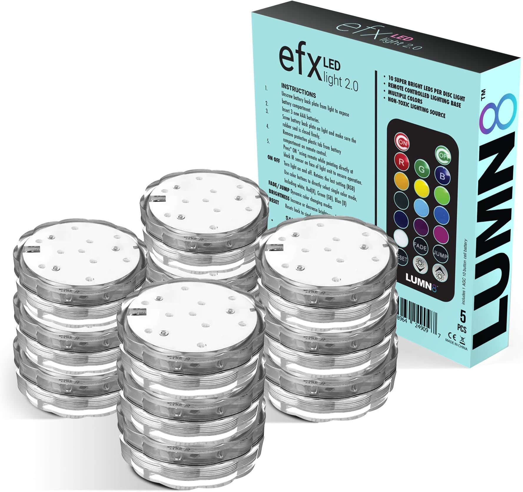LUMN8 EFX by Boundery - Multicolor Accent Submersible, Waterproof LED Lights - Premium Indoor & Outdoor Battery Operated Lights - LED Puck Light for Events, Patio, Pool, Hot Tub, Shower - 12-Pack