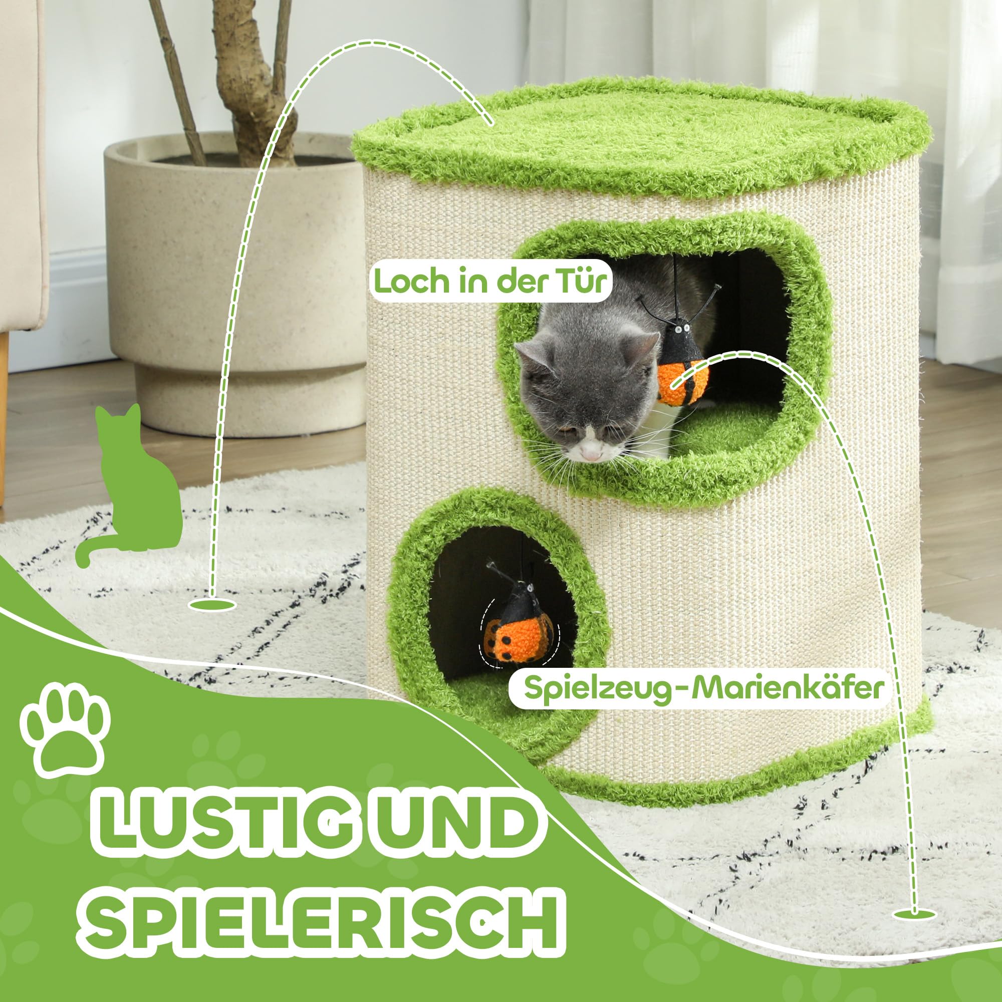 PawHut Kratztonne, 52 cm hoch Katzentonne mit 2 Höhle, Kratzbaum mit Marienkäfer-Spielzeug, Katzenturm aus Sisal, Katzenhöhle Katzenhütte für Katze bis 5 kg, Grün+Cremeweiß