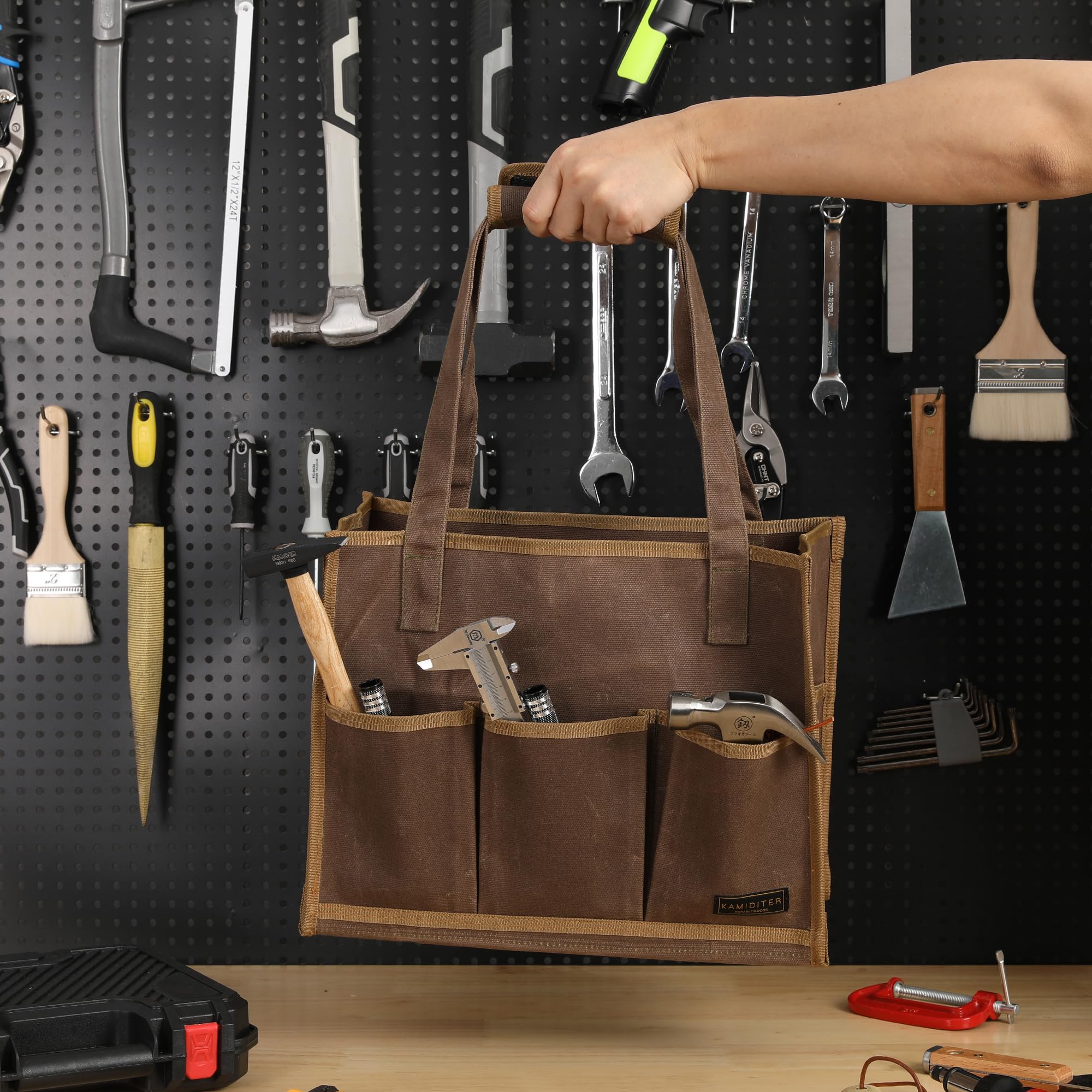Bolsa de herramientas de lona encerada, organizador de bolsas de herramientas de jardín con 14 bolsillos adicionales y asa extraíble, 16.5 x 6.5 x 12.5 pulgadas, gris