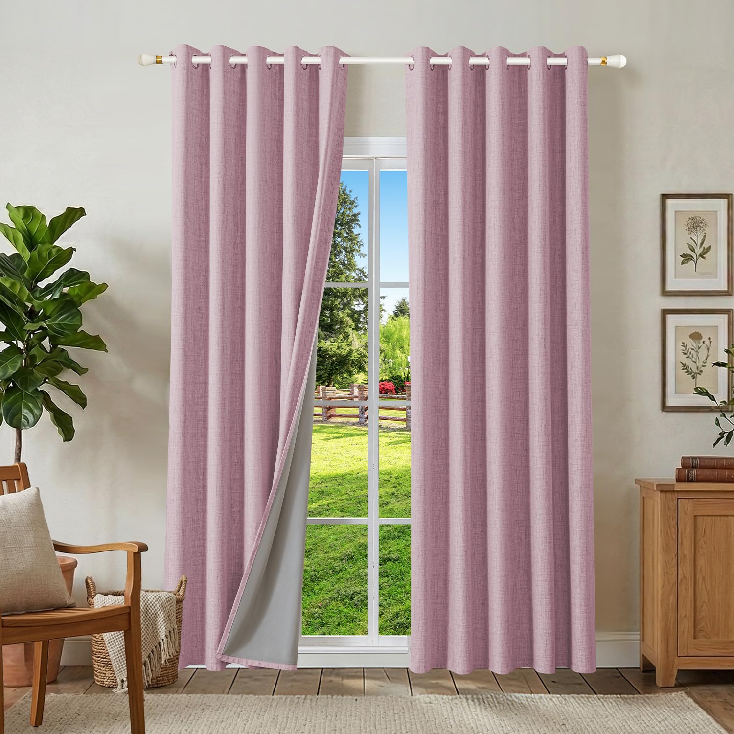 Runyéla 100% Blackout Linen Curtains Eyelet 66 x 72 Inch Drop for Living Room Bedroom Thermal Curtain 2 Panels Pink