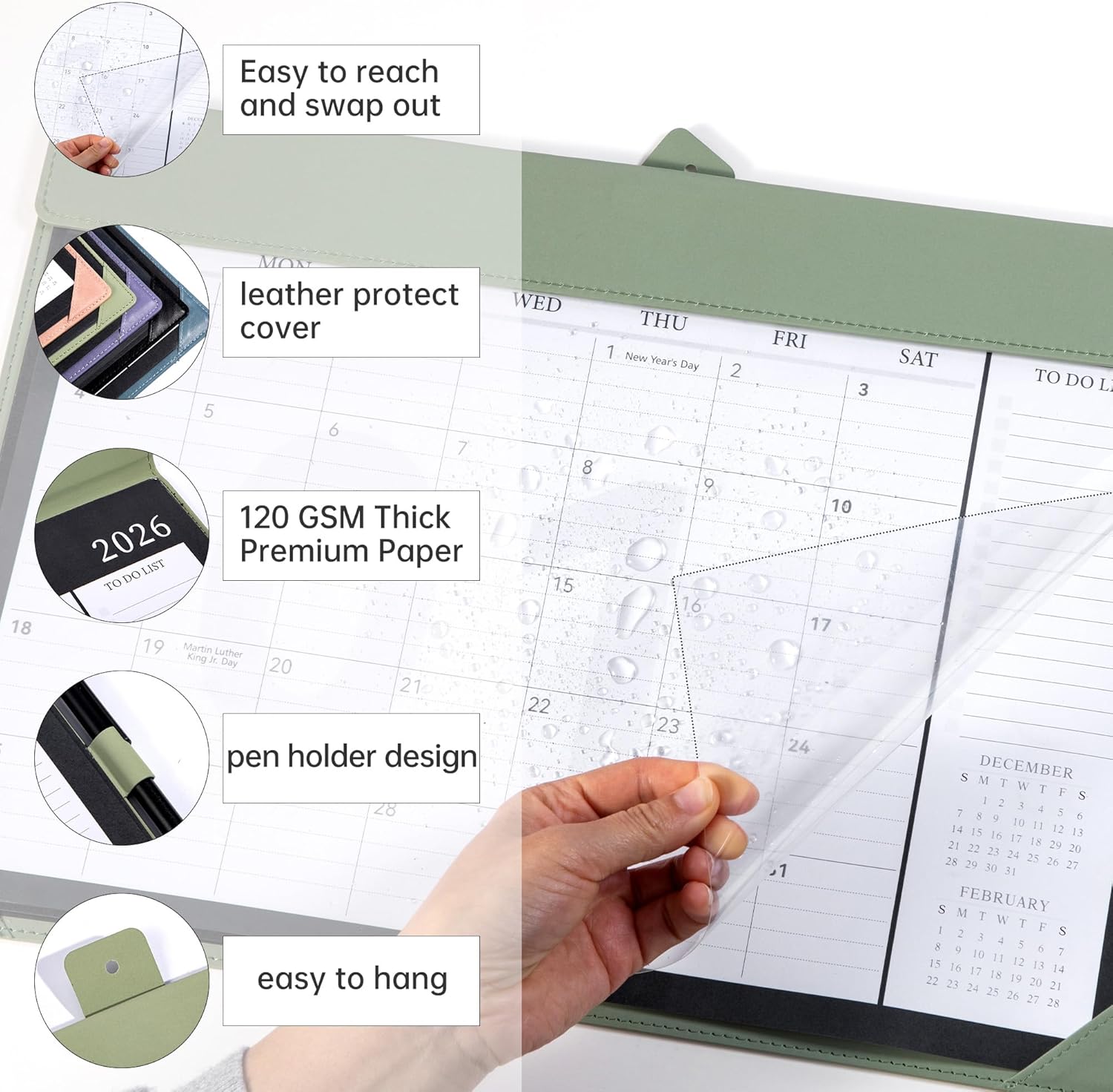 Desk Calendar 2026 Jan to Dec with Plastic Cover, Large Desktop Calendar 12"x17" with to-do List, Wall Calendar Leather Hard Back, Large Ruled Block, Monthly Flip, Desk Decor, Office Supplies, Green
