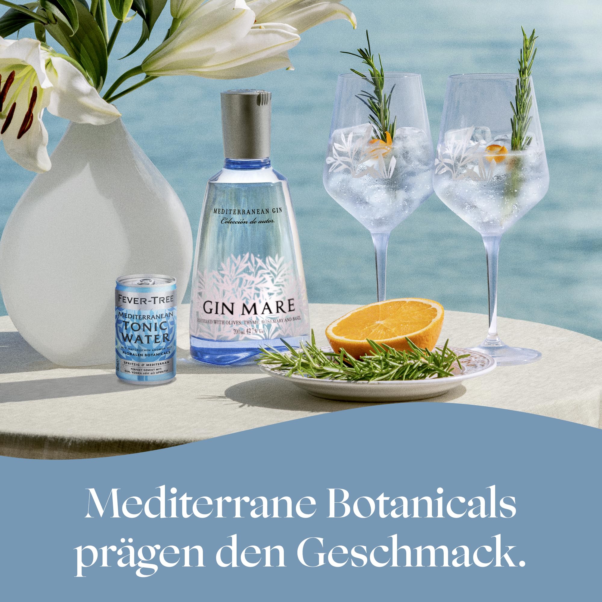Gin Mare und FEVER-TREE Mediterranean Tonic Water - Cocktail Set - 1x 0.7L Premium Gin mit 8-Pack 150 ml Tonic Water - Das Premium Gin und Tonic Set, für einen Cocktail mit mediterranem Twist