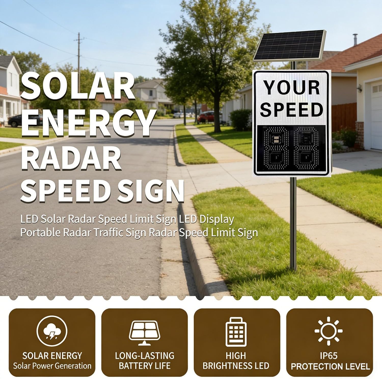 Panneau De Limitation De Vitesse, Panneau Radar Solaire en Aluminium avec Retour Dinformation sur La Vitesse, Panneau De Signalisation Routière avec Affichage LED Yellow 60X90cm