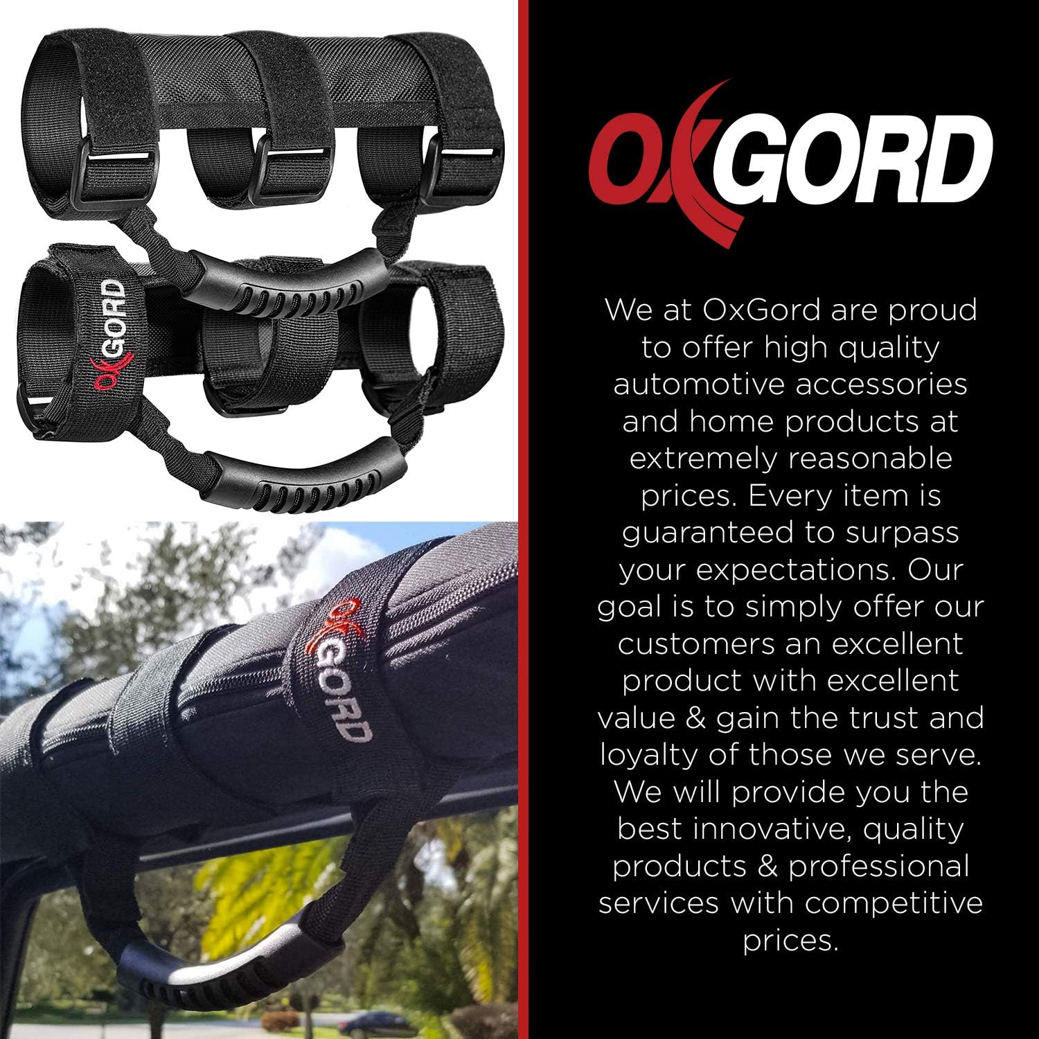 OxGord Roll Bar Grab Handle Grips Set Compatible with Jeep Wrangler TJ YJ JK ATV UTV 1955-2026 Models - Strap Fits 1 1/2 to 3 Inch Bars - Pack of 2, Black