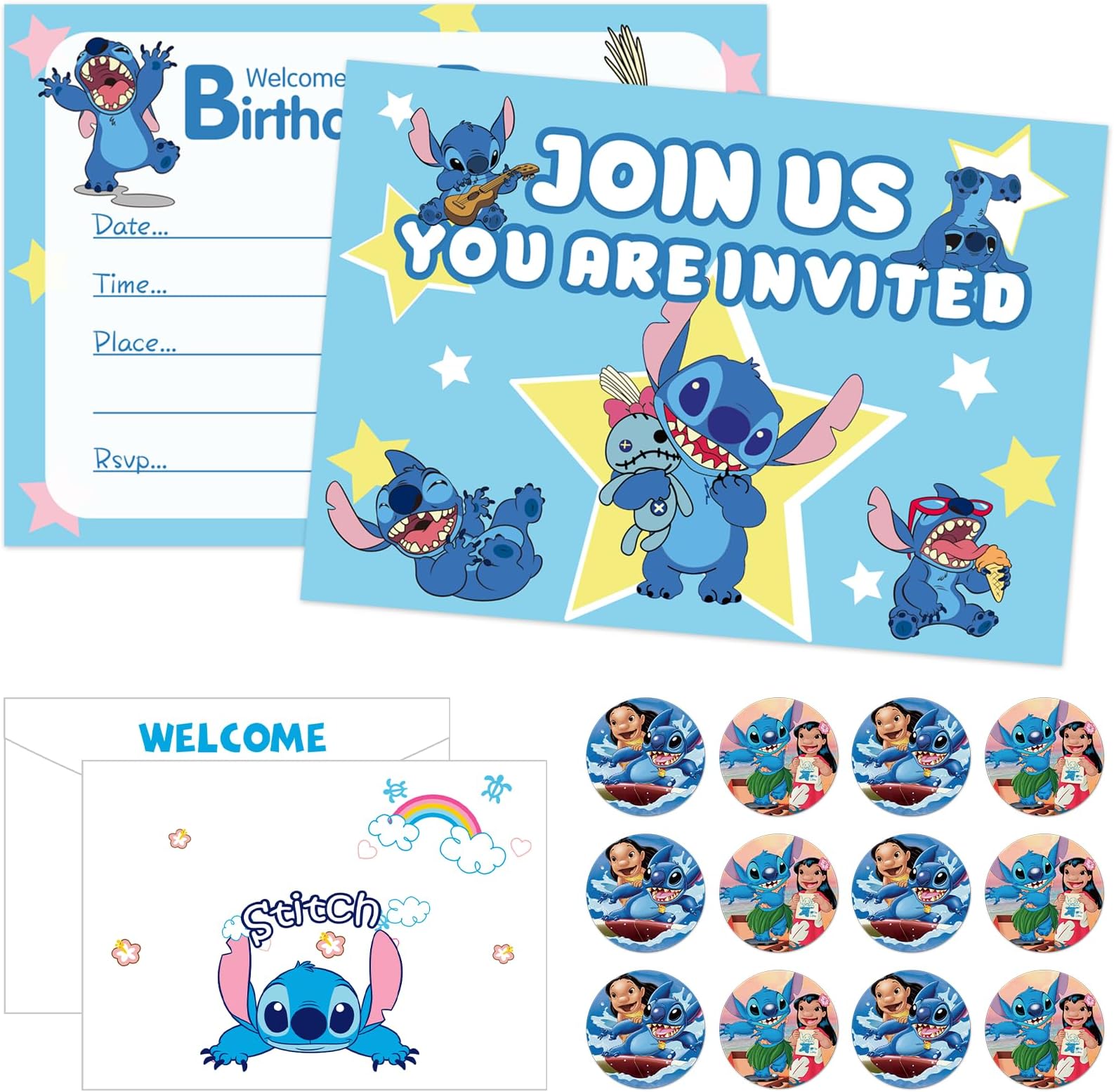 Kindergeburtstag Einladungskarten 12x - Stich Design Mit Umschlägen Deutsch