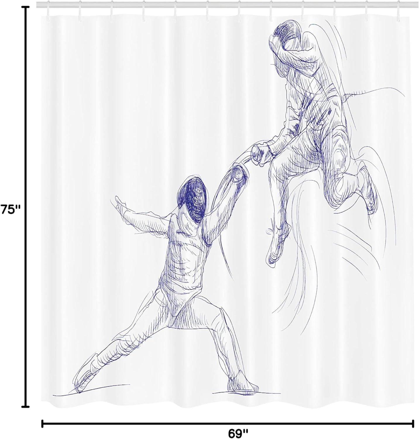 Ambesonne Sports Shower Curtain, Sketch of 2 Sportsman Fencing Duel Agility Attack Discipline Sports Hobby, Cloth Fabric Bathroom Decor Set with Hooks, 69" W x 75" L, Violet Blue White
