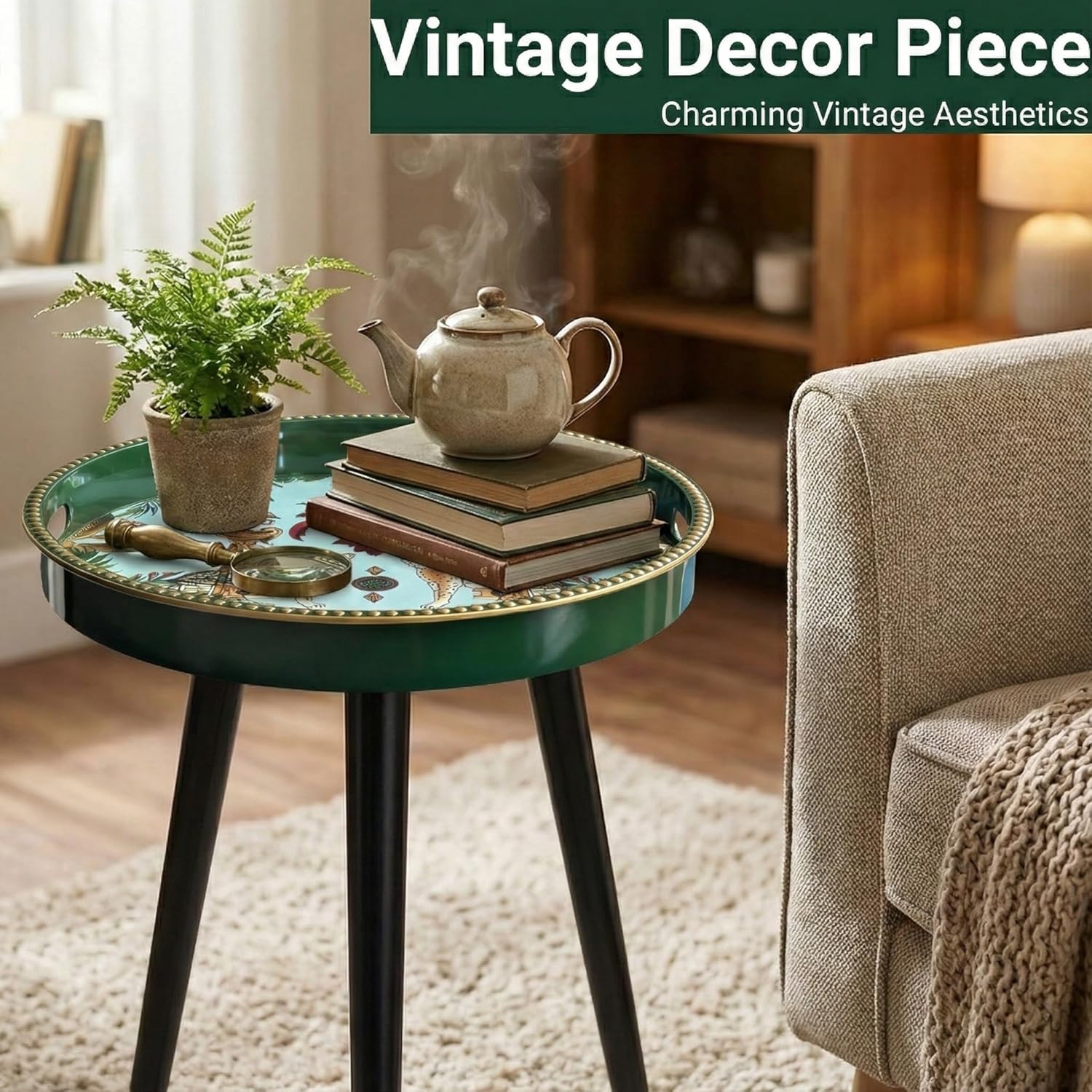 Zosenley Small Round Side Table - 13 Inch Emerald Green Boho End Table with Vintage Cheetah Pattern Tray - Unique Tropical Accent Table with Moisture-Resistant Wrapped Legs for Living Room & Bedroom