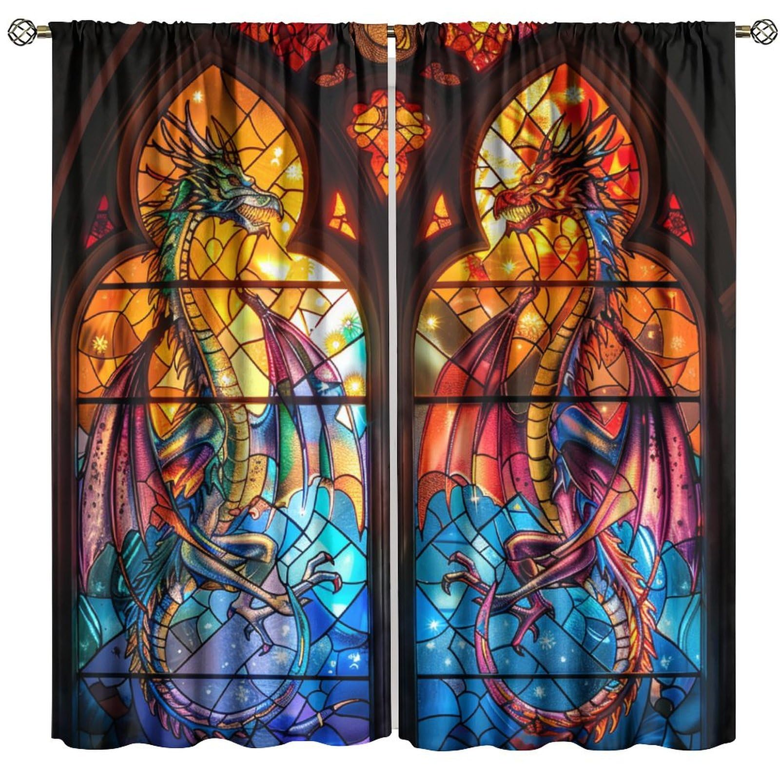 Nanacur Dragon Blackout Window Curtains, Stained Glass Dragons Geometric Printed Window Drapes, for Living Room Bedroom 63" W X 72" L