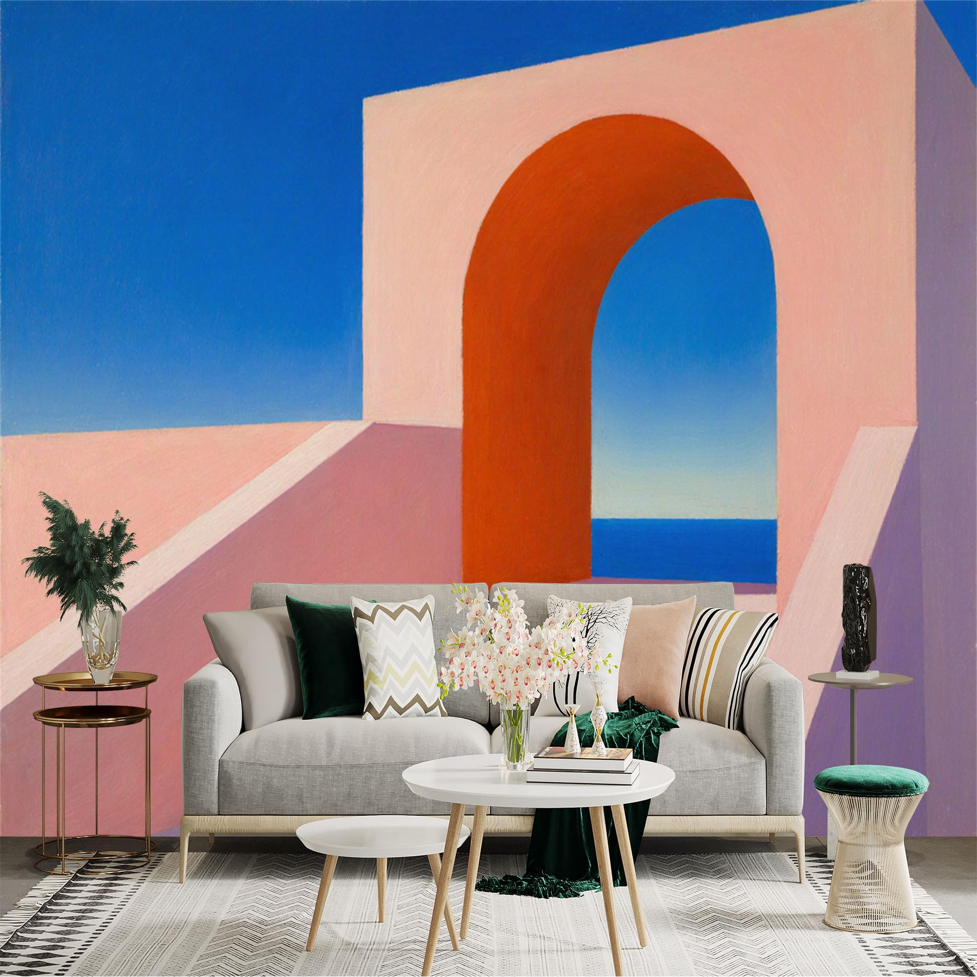 Custom Size Wall Sticker Mural， Minimalist Coastal Archway with Stairs， Mediterranean Ocean View， Modern Abstract Home Decor， for wall Decoration， peelandstick wall Decals.