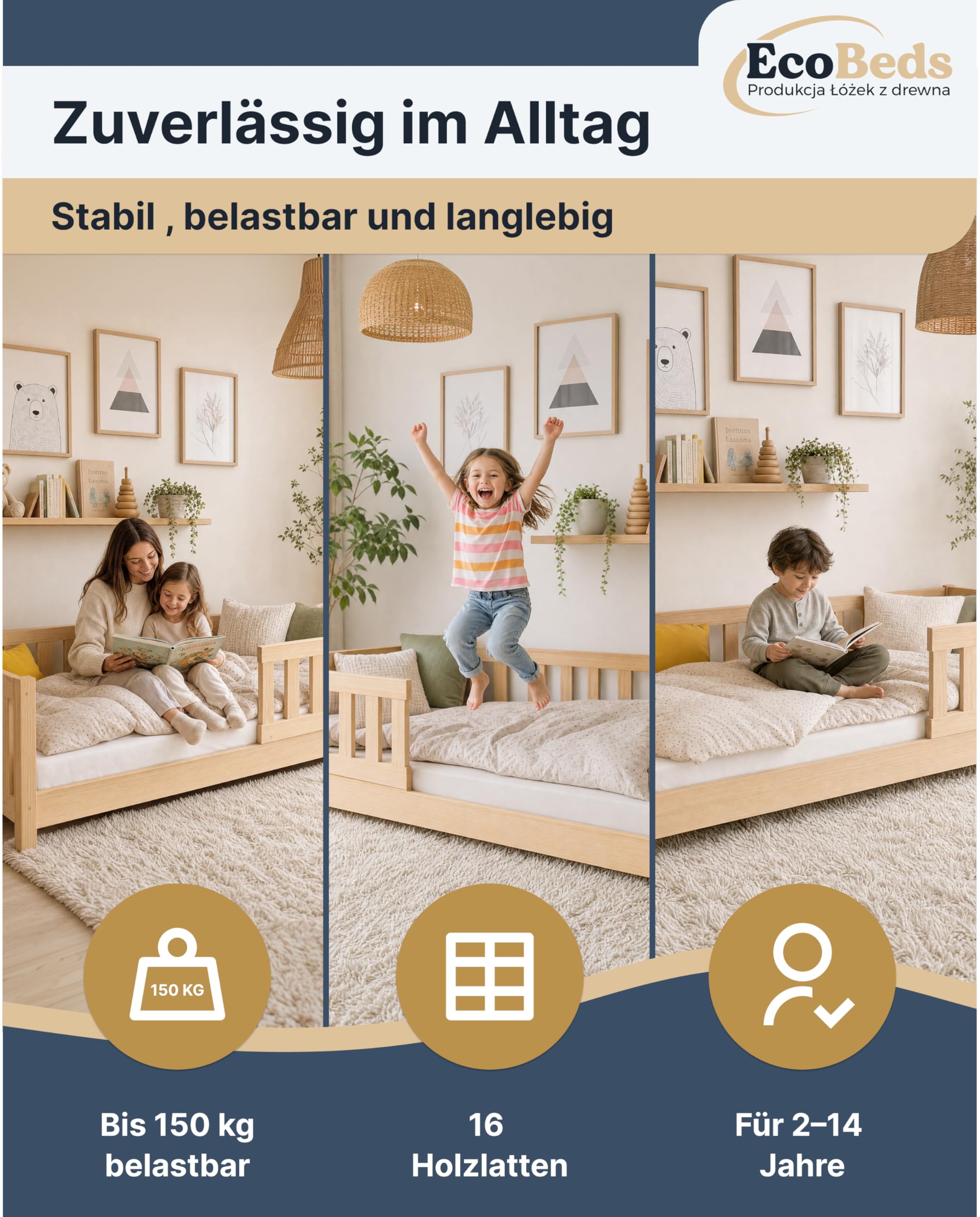 EcoBeds LULU Plus Bodenbett 90x200 cm Kiefer Massivholz bis 150 kg | Natur Lackiert - mit Rausfallschutz und 18 cm Füßen, für Kinder, stabil, robust, einfache Montage