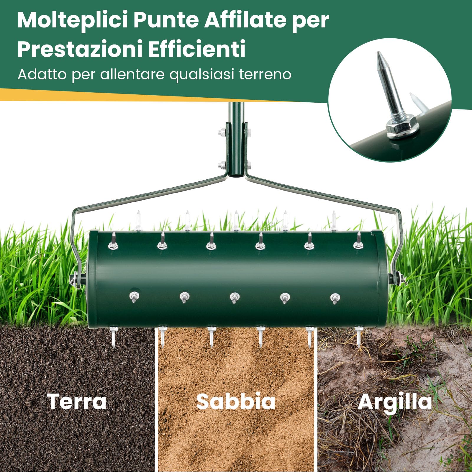 RELAX4LIFE Aeratore Prato Rullo 52 cm 33 Punte Antiruggine 3,4 cm Manico Lungo
