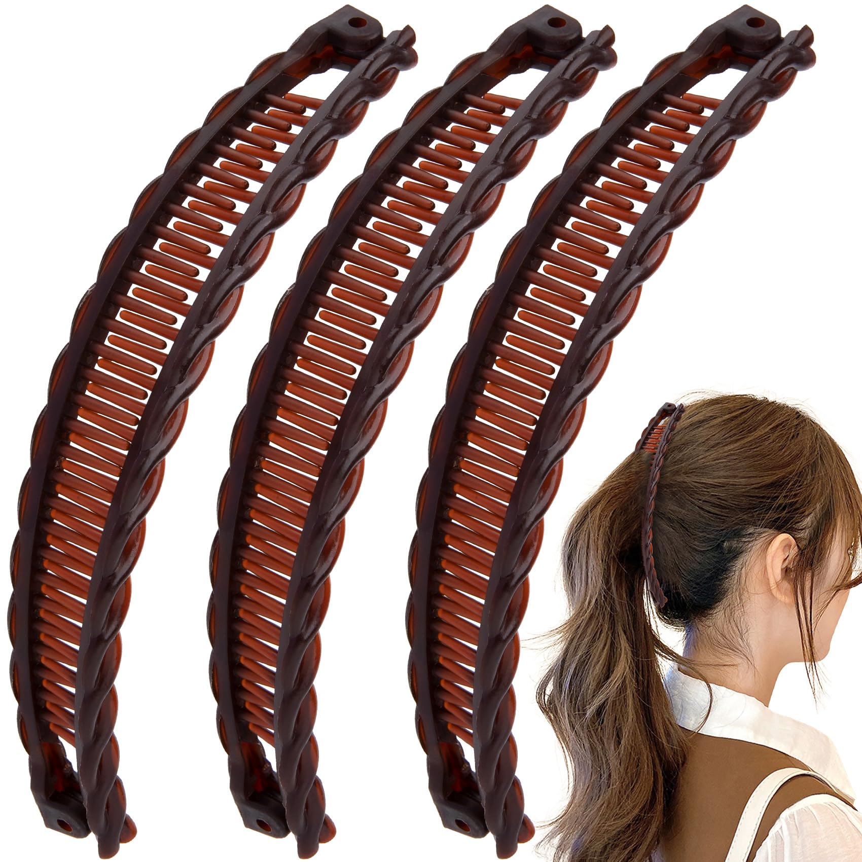 Mxxipp 3pcs French Banana Clips, Non-Slip Classic Large Hairstyle Claws, Double Combs Hair Holder for Women Curly Straight Long Thick Thin Hair-