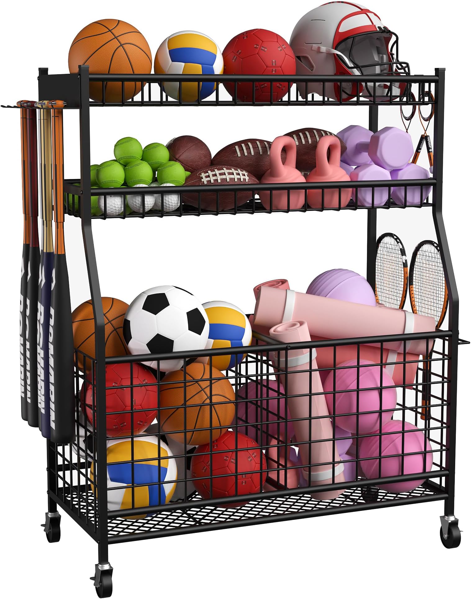 Soywey Garage Sports Equipment Organiser with Wheels, Black, Metal, Sports Ball Holder, Garage, Roller Sports Ball, Basketball Stand, Garage Organisation, Sports Equipment Storage