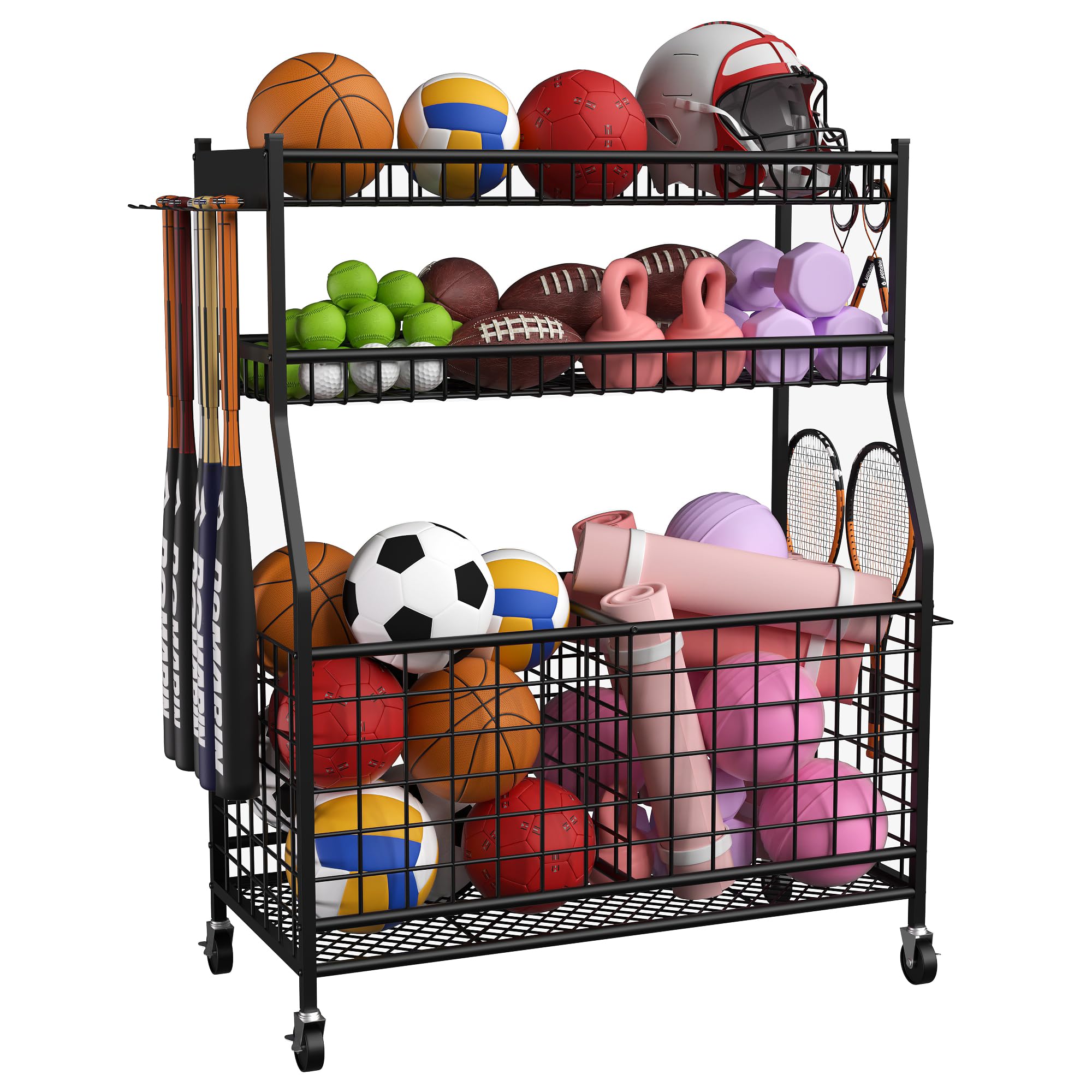 Sports Equipment Organizer,Garage Organizers and Storage,Sports Ball Storage Garage Organization Cart,Storage Rack Black
