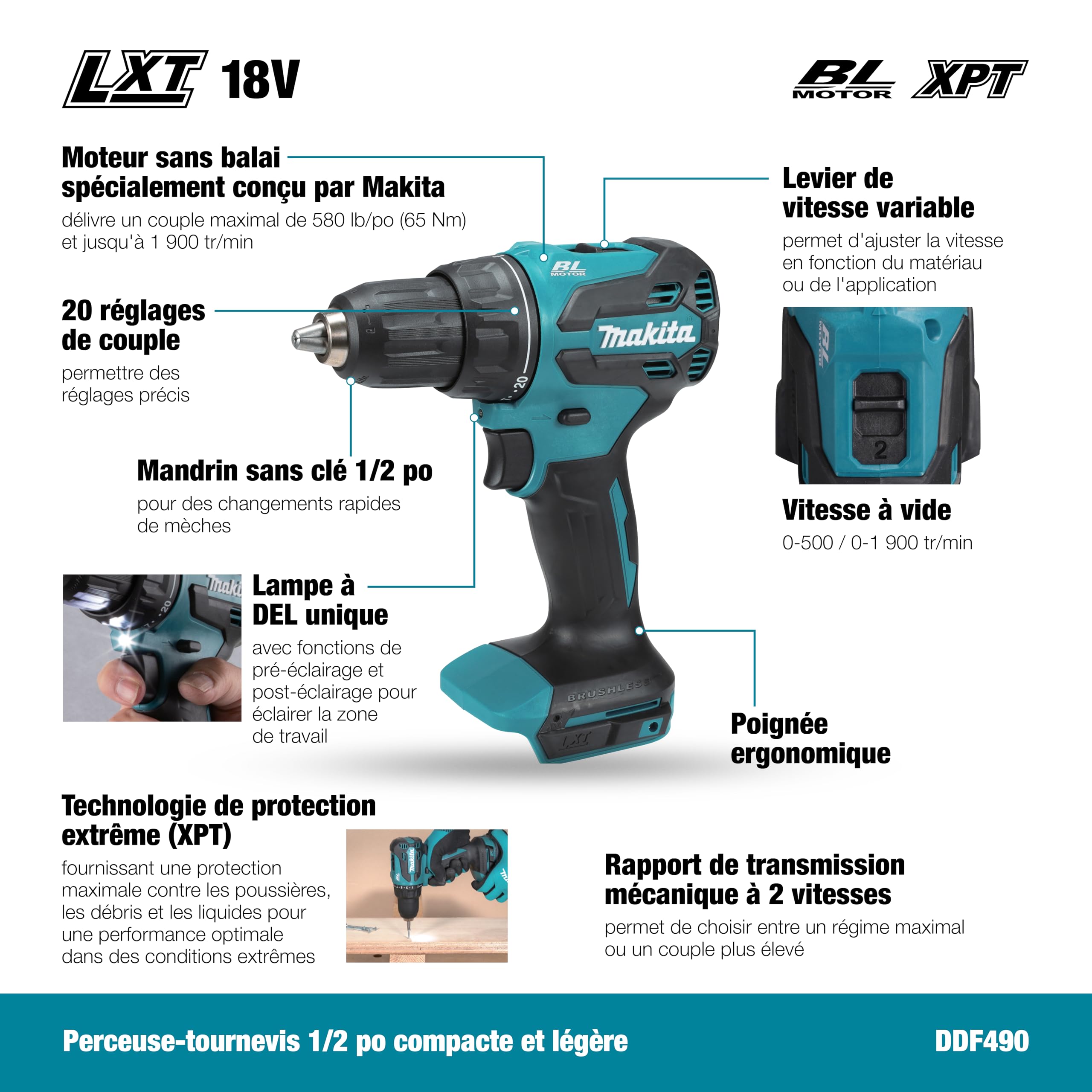 Makita DDF490Z - Trapano avvitatore LXT agli ioni di litio, 18 V, batterie e caricabatterie non inclusi