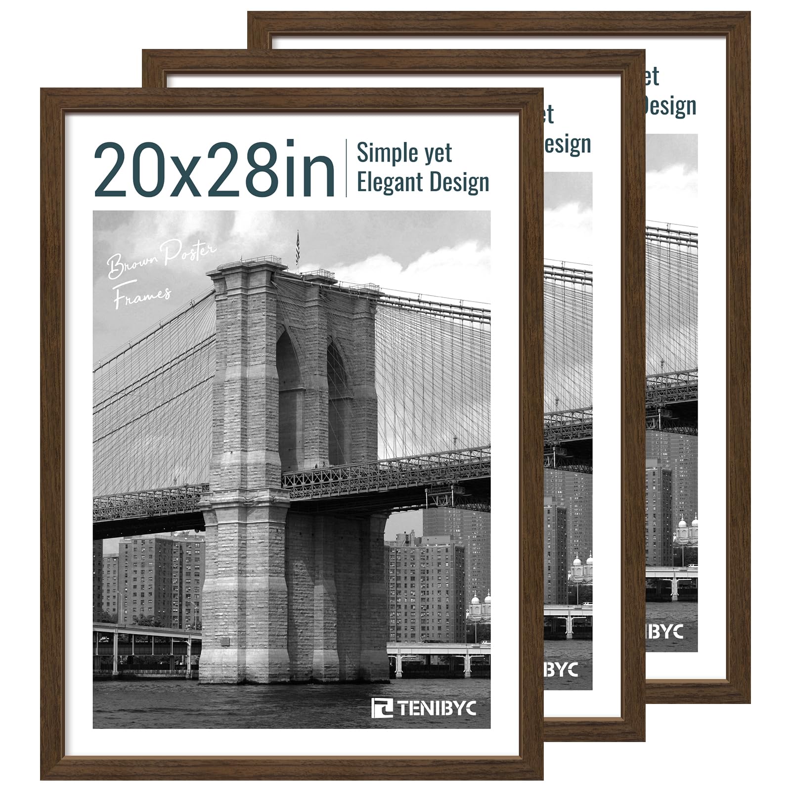 TENIBYC 20x28 Picture Frame Set of 3 - Brown Woodgrain, Solid Wood Gallery Poster Frame - Wall Hanging