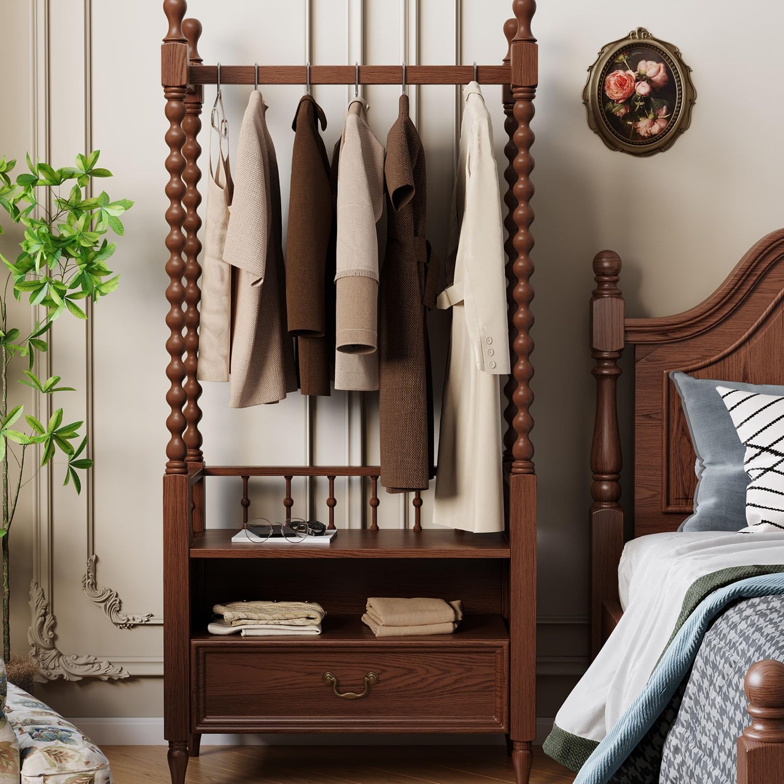 Solid Clothes Rack Garment Racks Drawers and A Shelf Floor Coat Rack Retro Wooden Floor-Standing Clothes Racks Bedroom