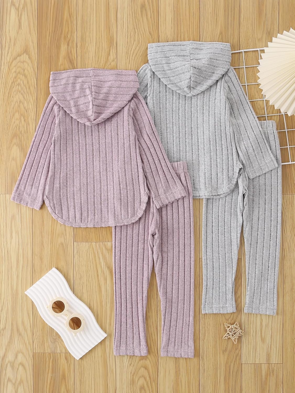 Girls Fall Clothes Set Ribbed Knit Hooded Pullover Sweatshirt and Active Sweatpants Size 3-12 Years - Image 2