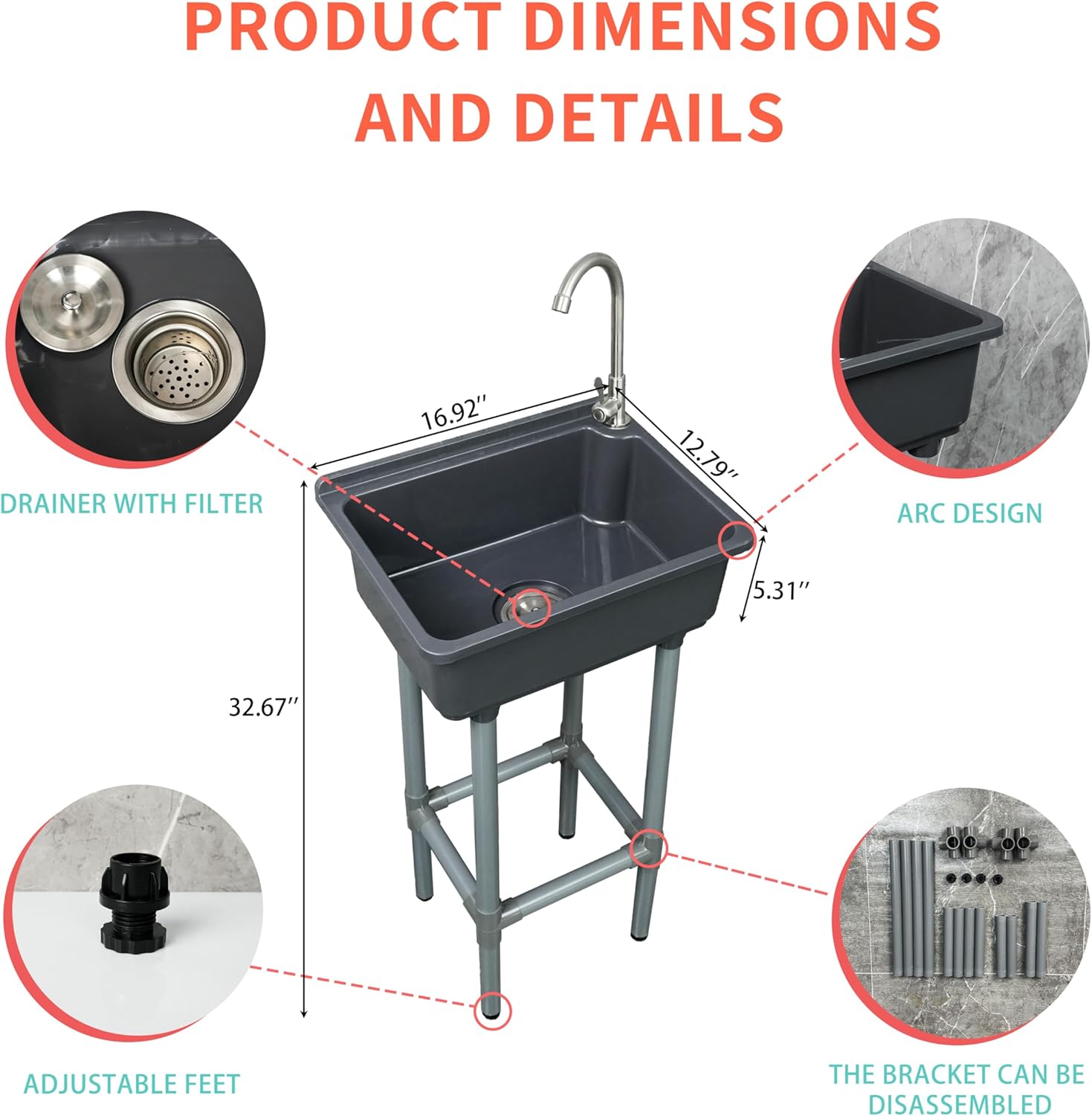 Freestanding Single Bowl Utility Sink, Kitchen Wall-Mounted Sink 16.9 x 12.8 Inch laundry tub With 1.26 faucet hole Plastic Sinks for Home Restaurant Dorm Garage Bathroom,Laundry slop sink (grey)