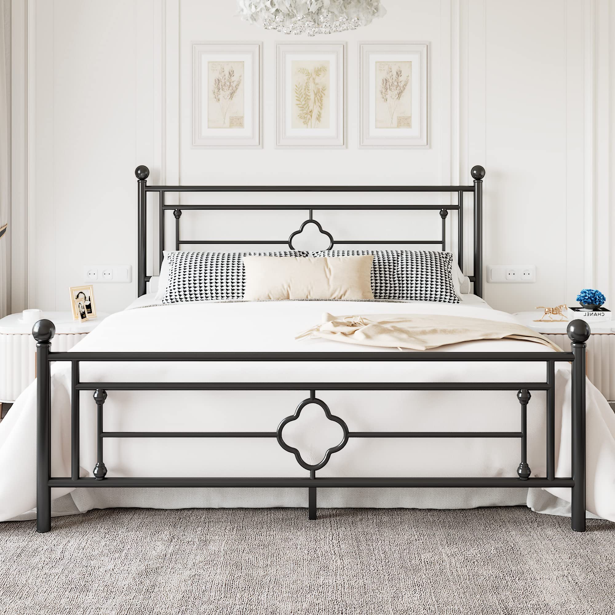 Allewie King Size Metal Platform Bed Frame with Victorian Vintage Headboard and Footboard/Mattress Foundation/Under Bed Storage/No Box Spring Needed/Noise-Free/Easy Assembly, Black