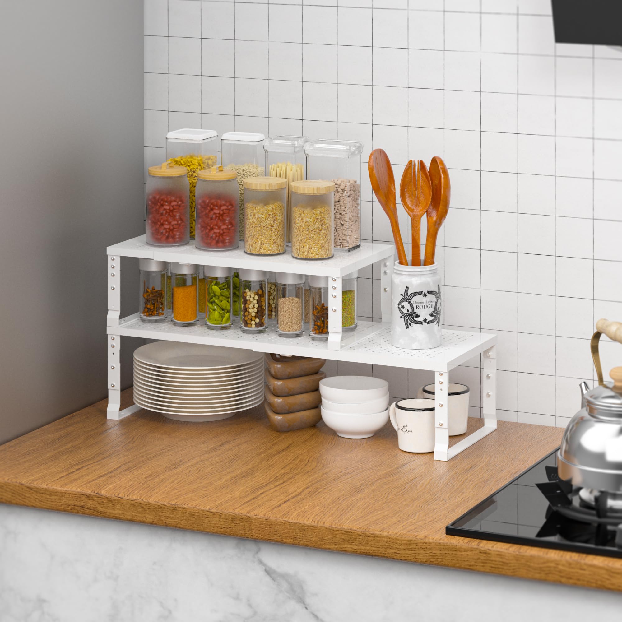 Scaffale portaoggetti con parte superiore piatta, espandibile, salvaspazio, struttura in acciaio resistente, finitura verniciata a polvere per cucine, bagni, officine o uffici, 41,9-68,6 cm di
