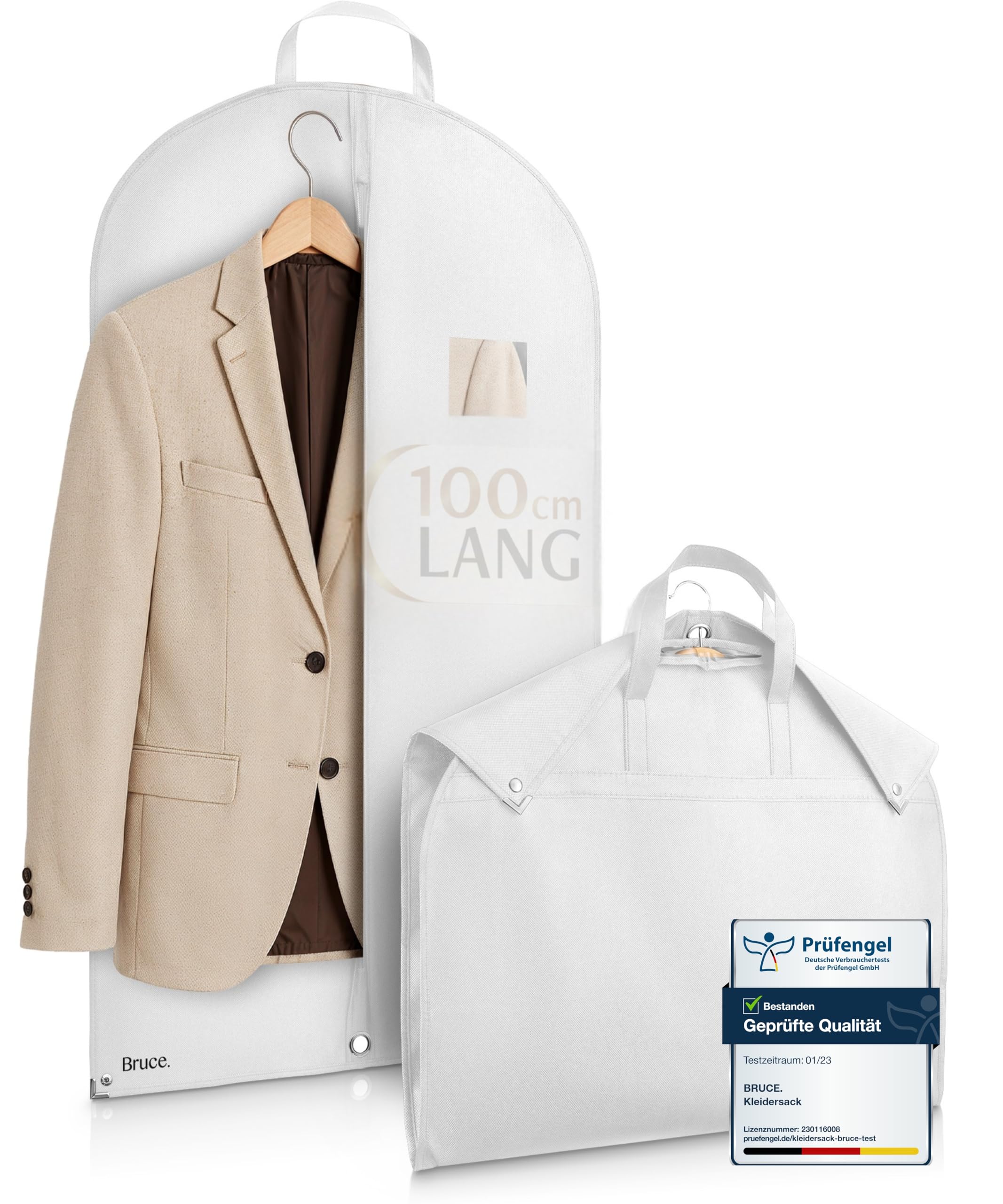 Bruce.® Short Garment Bag, 100 x 60 cm, Colour: Silk White, Breathable Garment Cover for Suit, Jacket & Shirt, 120 GSM Material Thickness, Suit Bag for Travel & Storage