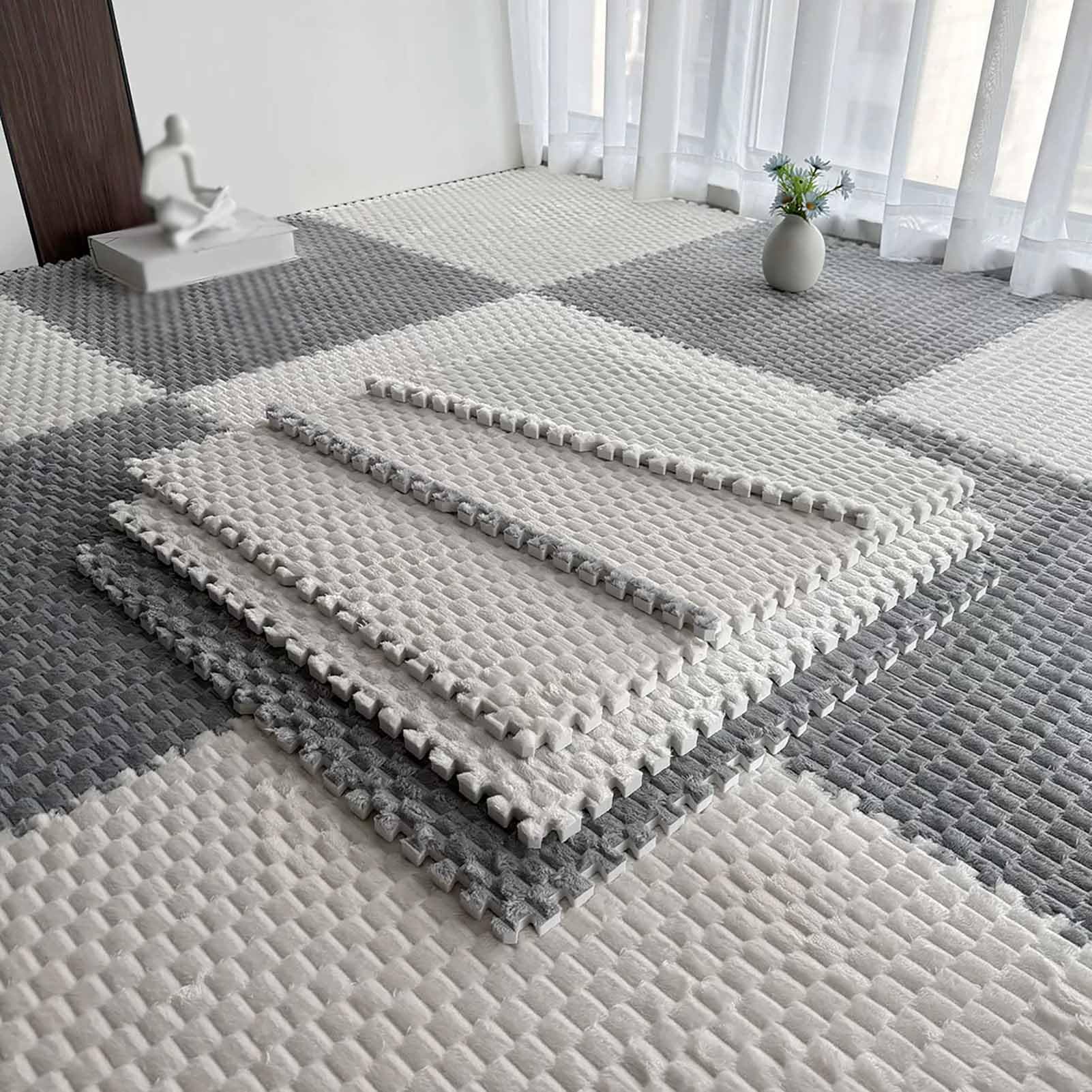 TY&WJ Flannel Interlocking Foam Floor Mats 23.6",Plush Puzzle Carpet Tiles