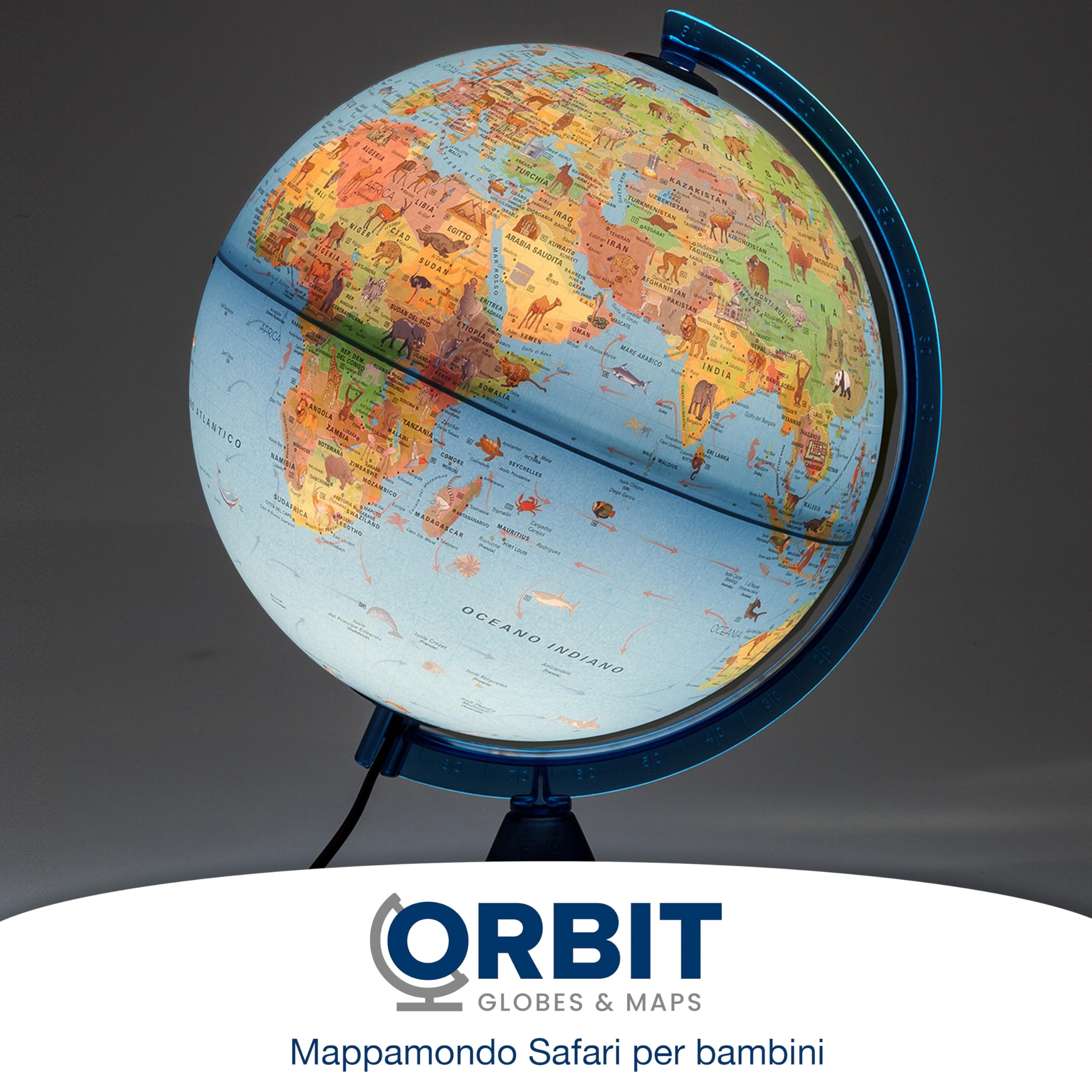 Mappamondo per bambini, Globo luminoso per bambini, diametro 25 cm, con tante illustrazioni interessanti, base di legno chiaro, testo in italiano