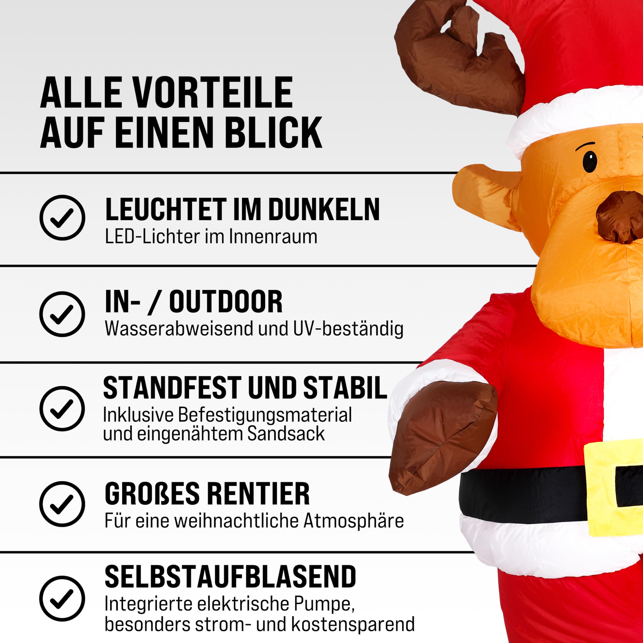 MONZANA® Aufblasbares Rentier 135cm LED Beleuchtet Befestigungsmaterial IP44 Außen Witterungsbeständig Weihnachtsdeko Weihnachtsfigur Christmas | 135 cm, LED, Beleuchtet, Befestigungsmaterial, IP44, Außen, Witterungsbeständig, Weihnachtsdeko, Weihnachtsfi