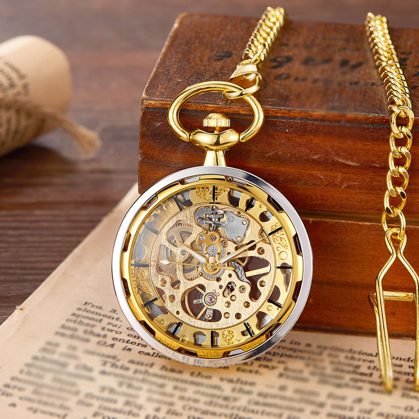 Men's Pocket Watch Steampunk Mechanical Pocket Watches with Chain for Daily Holidays Use Christmas Birthday Fathers Day Anniversaries with Gifts Box,Gold