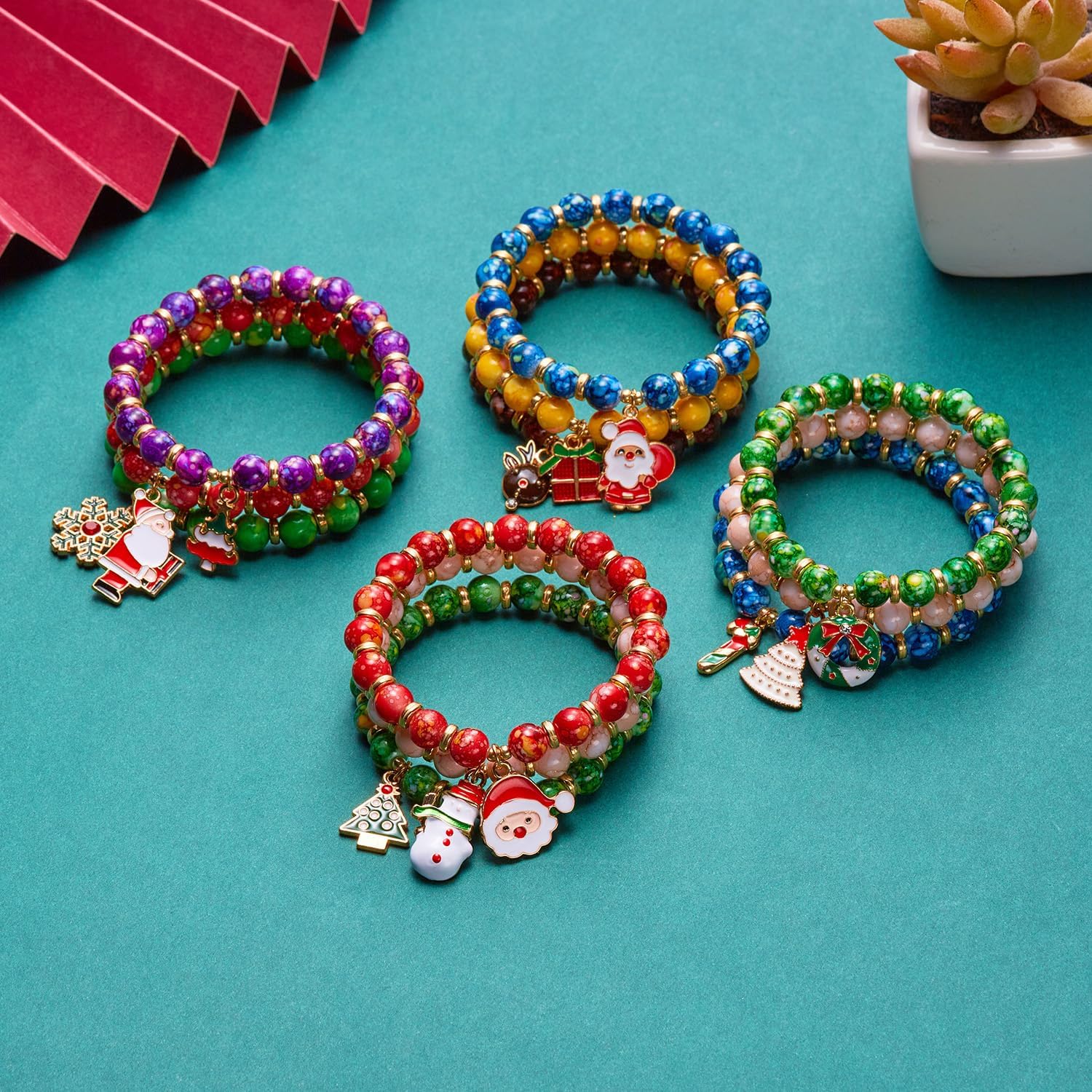 Christmas Bracelets Set for Women Multi Color Beaded Charm Stretch Bracelets Cute Santa Claus Christmas Tree Snowman Snowflake Bracelets Xmas Holiday Jewelry Gifts - Image 6
