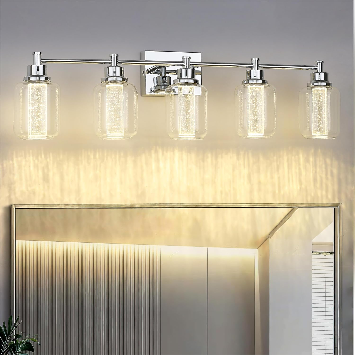 zeyu 5-Light LED Vanity Lighting Fixture, 23.4W Dimmable Vanity Light with 3 Colors (Warm/Neutral/Cool Light), Chrome Bathroom Vanity Lighting with Crystal Bubble and Clear Glass, ZJF74B LED-5W CH 5-Light Chrome