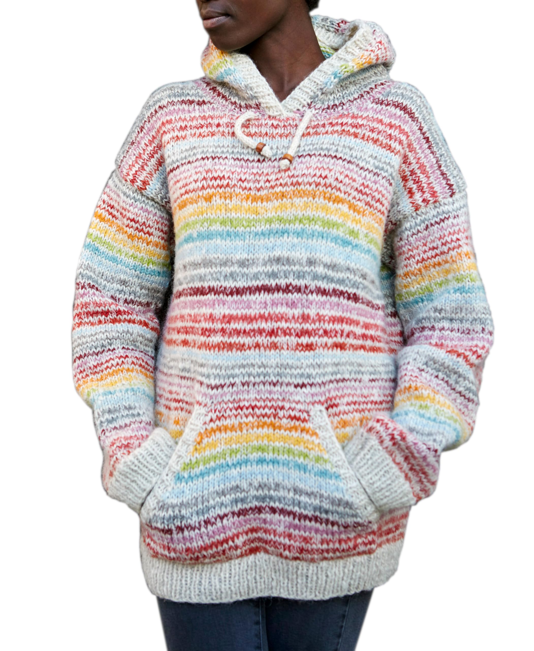 Pachamama Women Wool Mohair Pullover Hoody Handknitted Striped Multicoloured Handmade Extra Warm Hoodie Fair Trade (as8, Alpha, s, Regular, Regular)