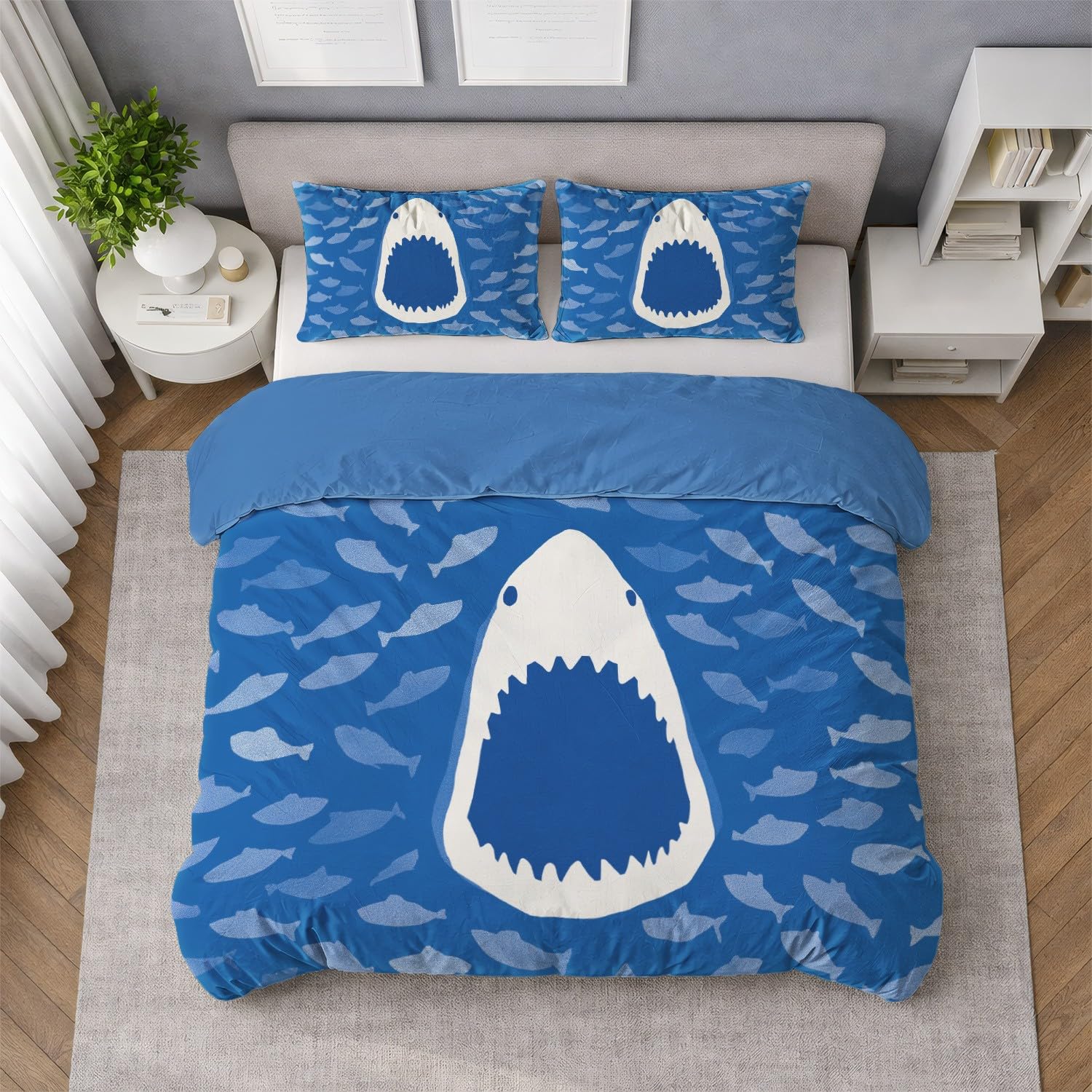 Funda Nordica Cama 90 Ropa de Cama Dibujos Animados Animales Tiburón de Compañía 2 pezzi Suave Reversible Microfibra por Funda Nórdica 135 x 200 cm + Fundas de Almohada 50x75 Azul