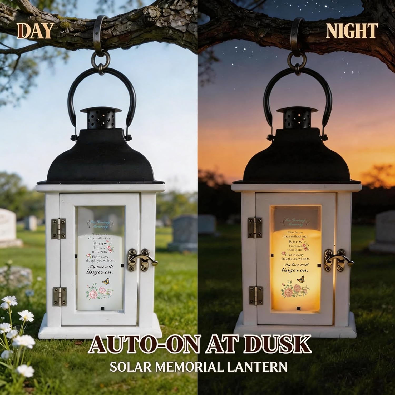 Memorial Lantern Sympathy Gift for Loss of Loved One - Bereavement Remembrance Keepsake Funeral Gift, Solar Powered Lantern with Rose Floral Design Poem, Automatic LED Candle Lantern for Family Loss
